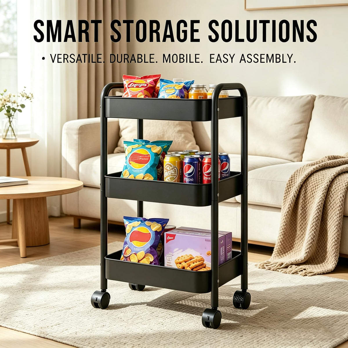 Nikphobos 3 Tier Storage Trolley, Metal Trolley Rolling Utility Cart on Wheels with Hooks, Multi-Purpose Organizer for Kitchen Bathroom Bedroom Office