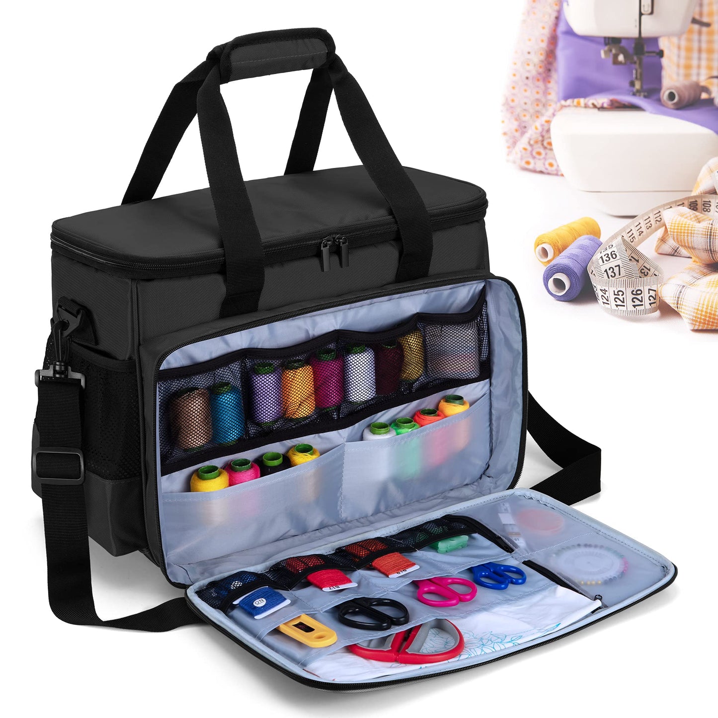 Luxja Sewing Machine Bag with Removable Padding Pad, Carry Case with Pockets for Range of Machines and Accessories, Black