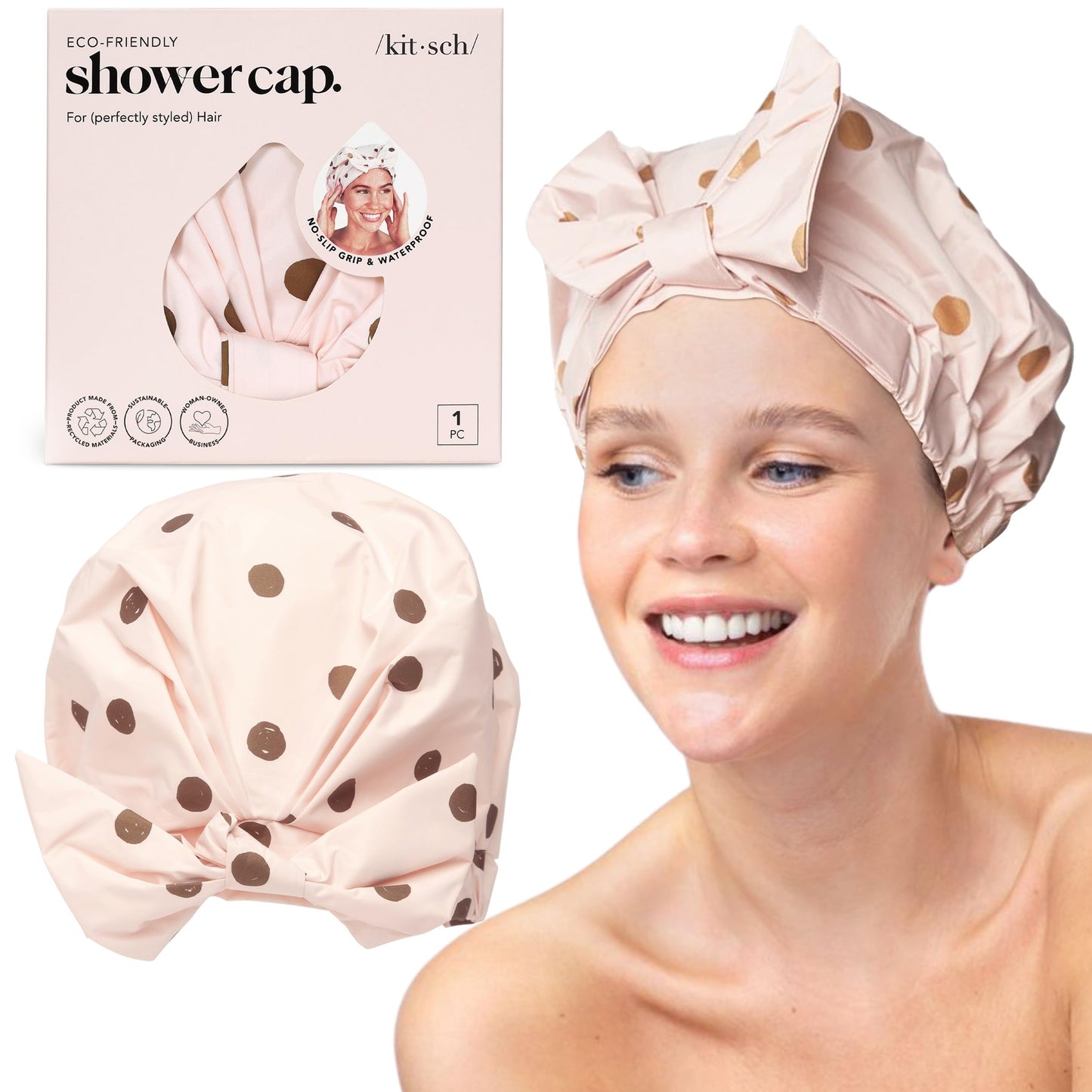 Kitsch Luxury Shower Cap for Women - Reusable Shower Cap for Long Hair with Non Slip Silicon Grip | Waterproof Hair Cap for Shower with One Size Fits
