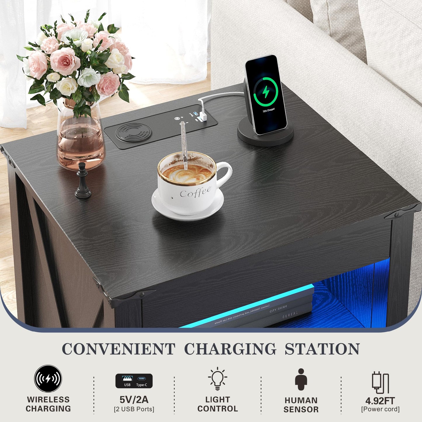 FREDEES LED Bedside Table with Hidden Drawer for Bedroom, Black