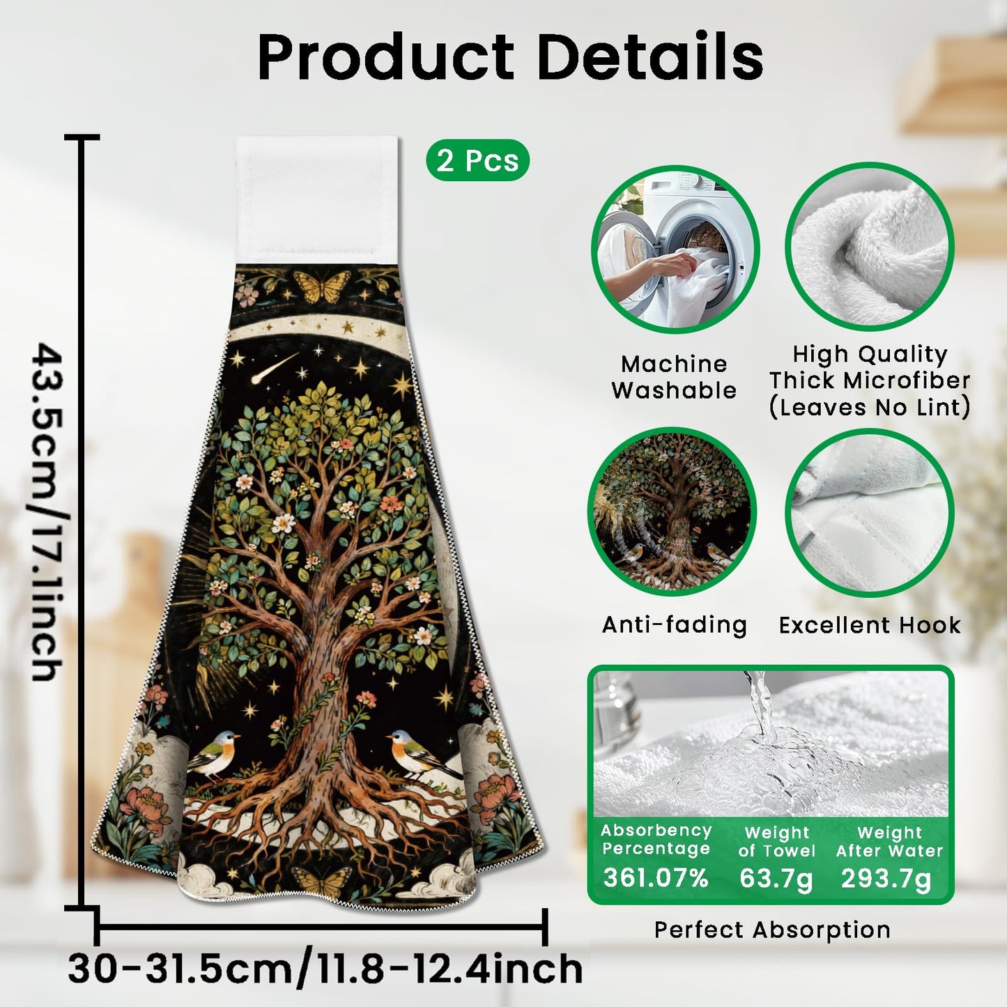 CUTHOLLOW 2 Pcs Moon and Tree of Life Hanging Kitchen Towels with Loop