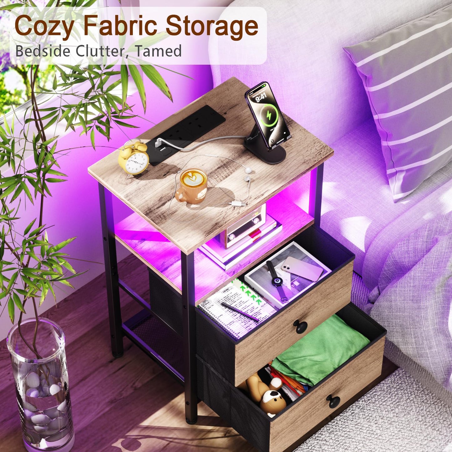 LOAKEKEL Bedside Table, Side Table with Charging Station, Bed Side Table