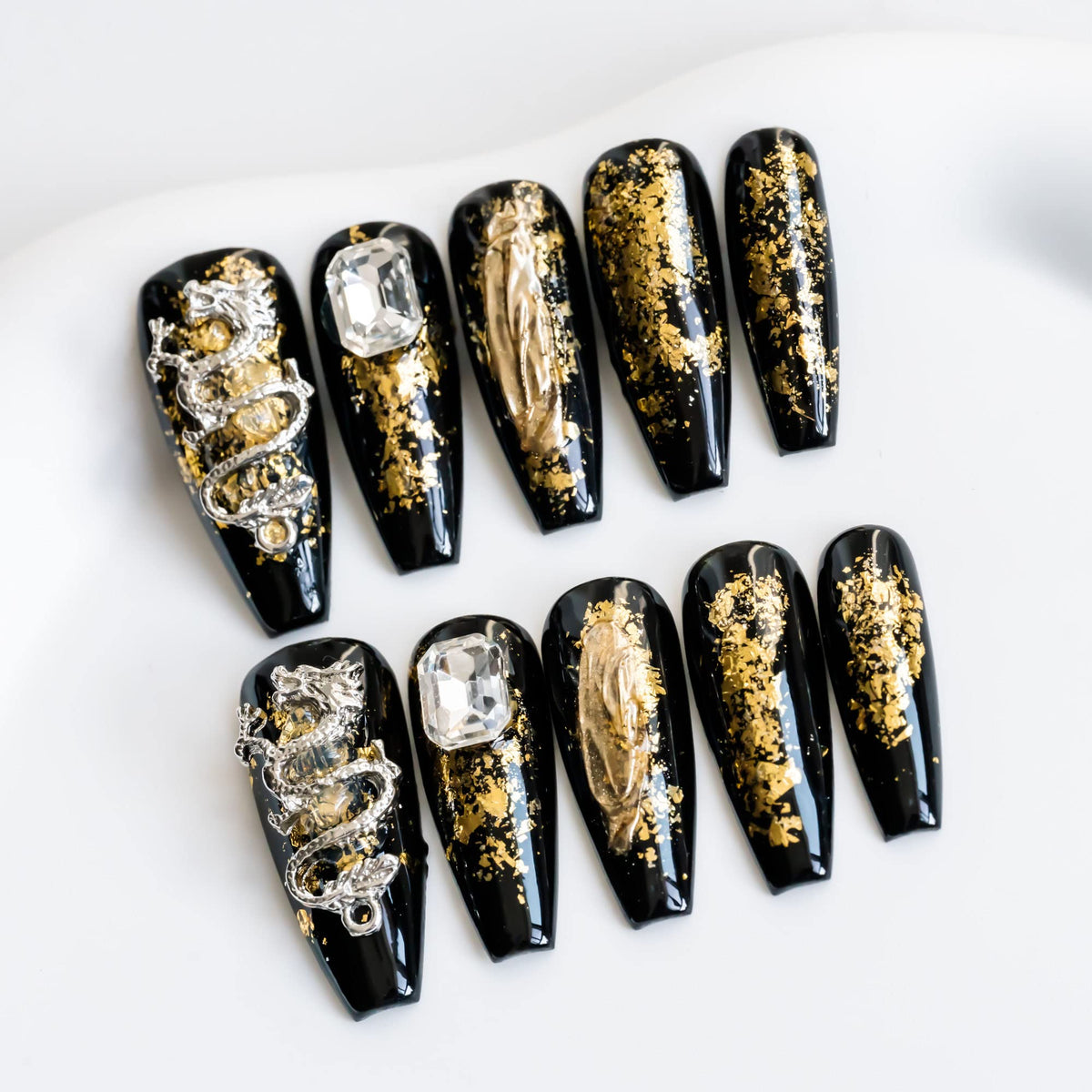 Sun&Beam Nails Handmade Long Coffin Ballerina Black Gold False Nail Tips with Cute 3D Dragon Popular Charm Design Press On Nails 10 Pcs (#52 XS)