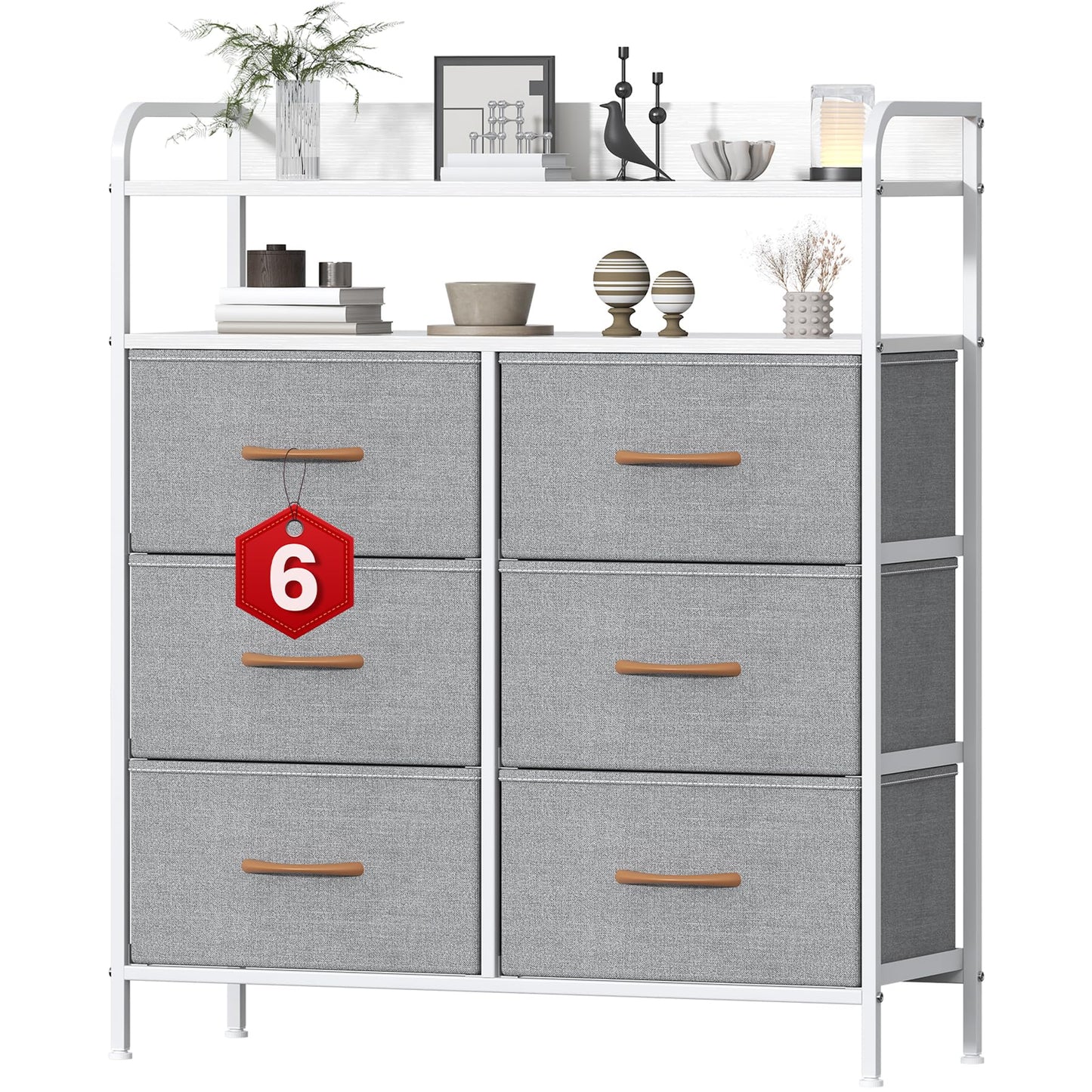 Feonase 6 Drawer Fabric Chest Of Drawers, Double Wooden Top Fabric Storage Tower - Sturdy Steel Frame Dresser for Bedroom/Living Room/Baby Room