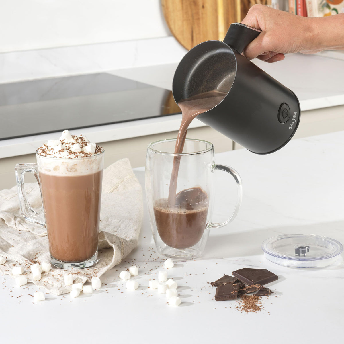Salter Chocolatier Hot Chocolate Maker - 4-In-1 Electric Milk Frother, Cordless Hot & Cold Milk Foamer 115ml, One Cup 240ml Milk Steamer Heater, LED