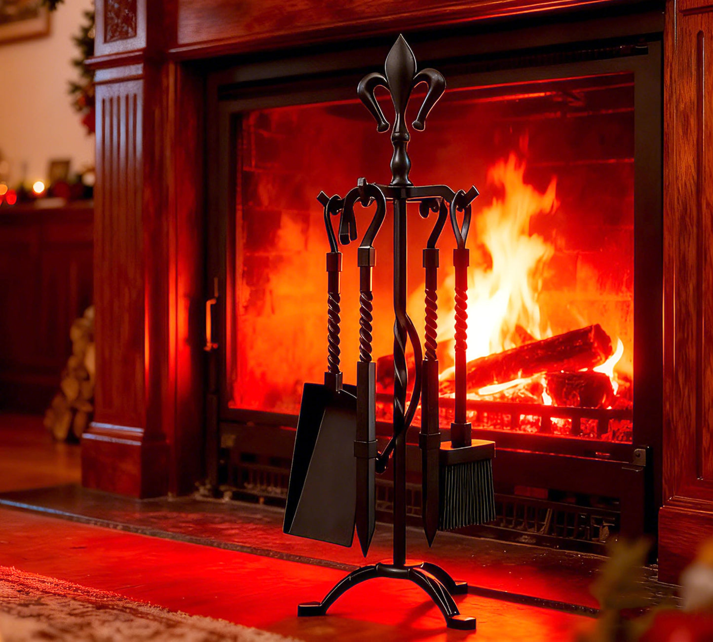 Kingson 5-Piece Cast Iron Fireplace Companion Set ? Black Finish ? Includes Poker, Tongs, Brush, Shovel & Stand ? Fireside Tool Set for Traditional