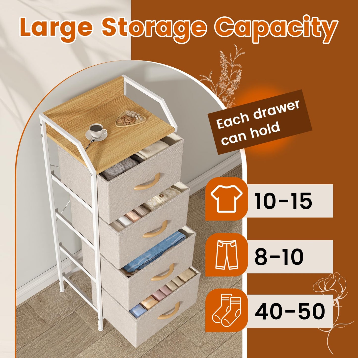 Feonase 4-Drawer Chest of Drawers with Metal Frame & Top Back Panel – Modern Fabric Storage Cabinet for Bedroom, Living Room, Small Spaces