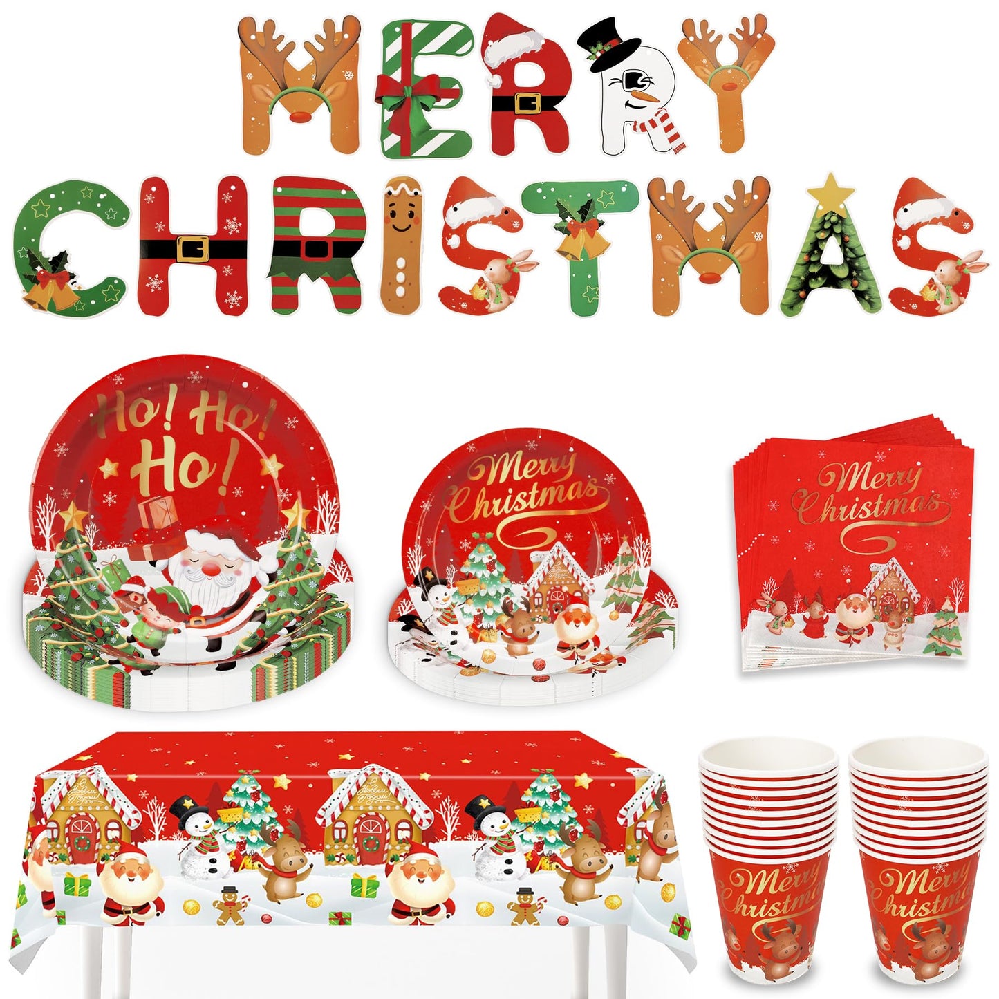 Christmas Party Tableware Set for 20 People, 82Pcs Xmas Decoration Paper Dinnerware Set with Christmas Banner Plastic Tablecloth, Plates, Napkins,