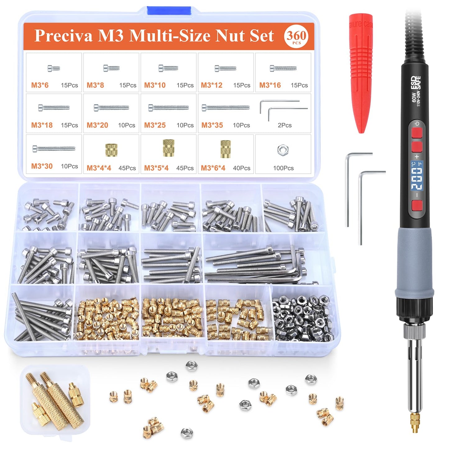 M3 Heat Set Insert Tool Kit, Preciva Soldering Iron Kit(200~500?), 360 Pieces M3 Threaded Inserts, Soldering Iron for Plastic and 3D