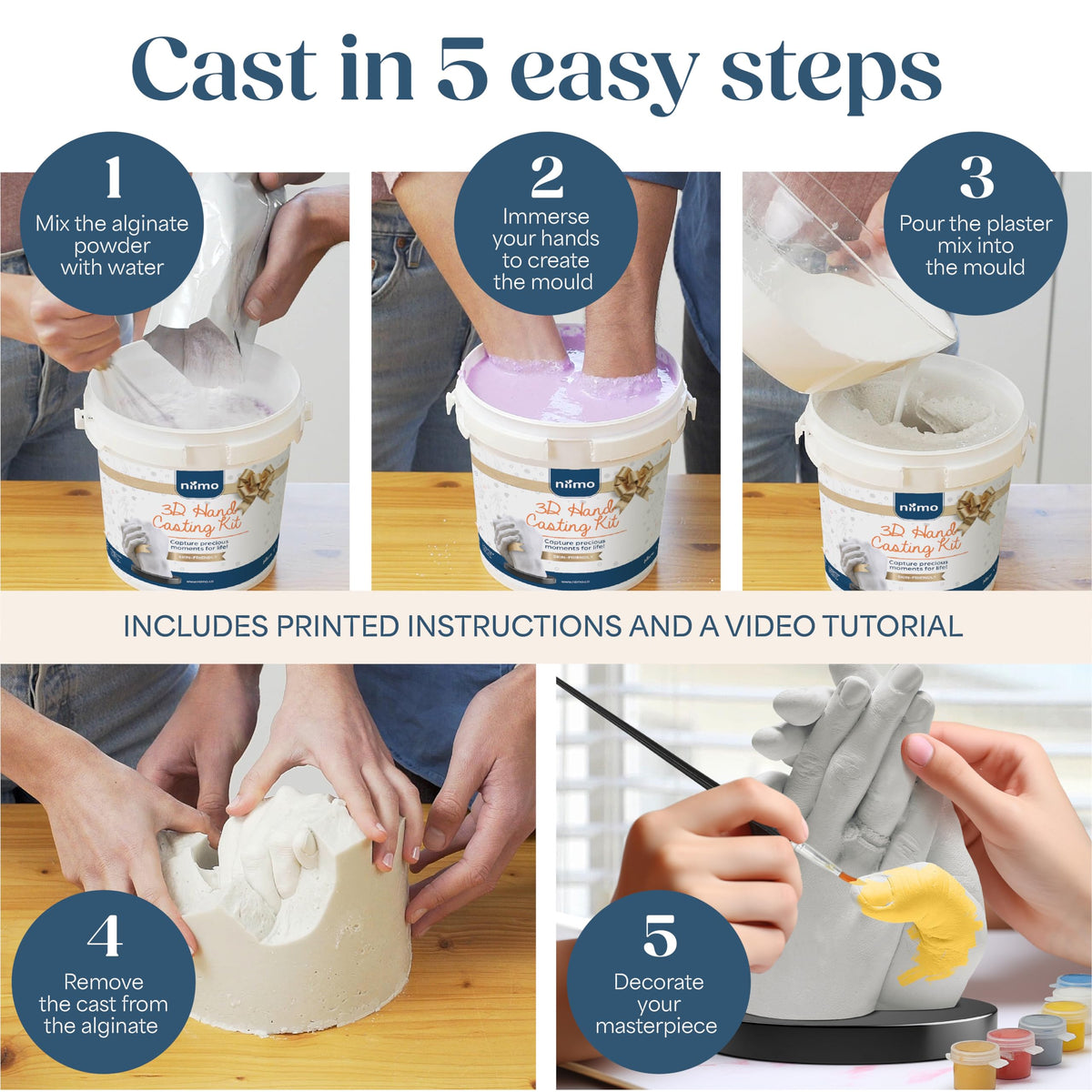 NIIMO 3D Hand Casting Kit Gift Set - Fun & Skin-Safe Hand Moulding Kit Couple, Personalised Gifts for Her, Includes Paints, Brushes, Display Stand,