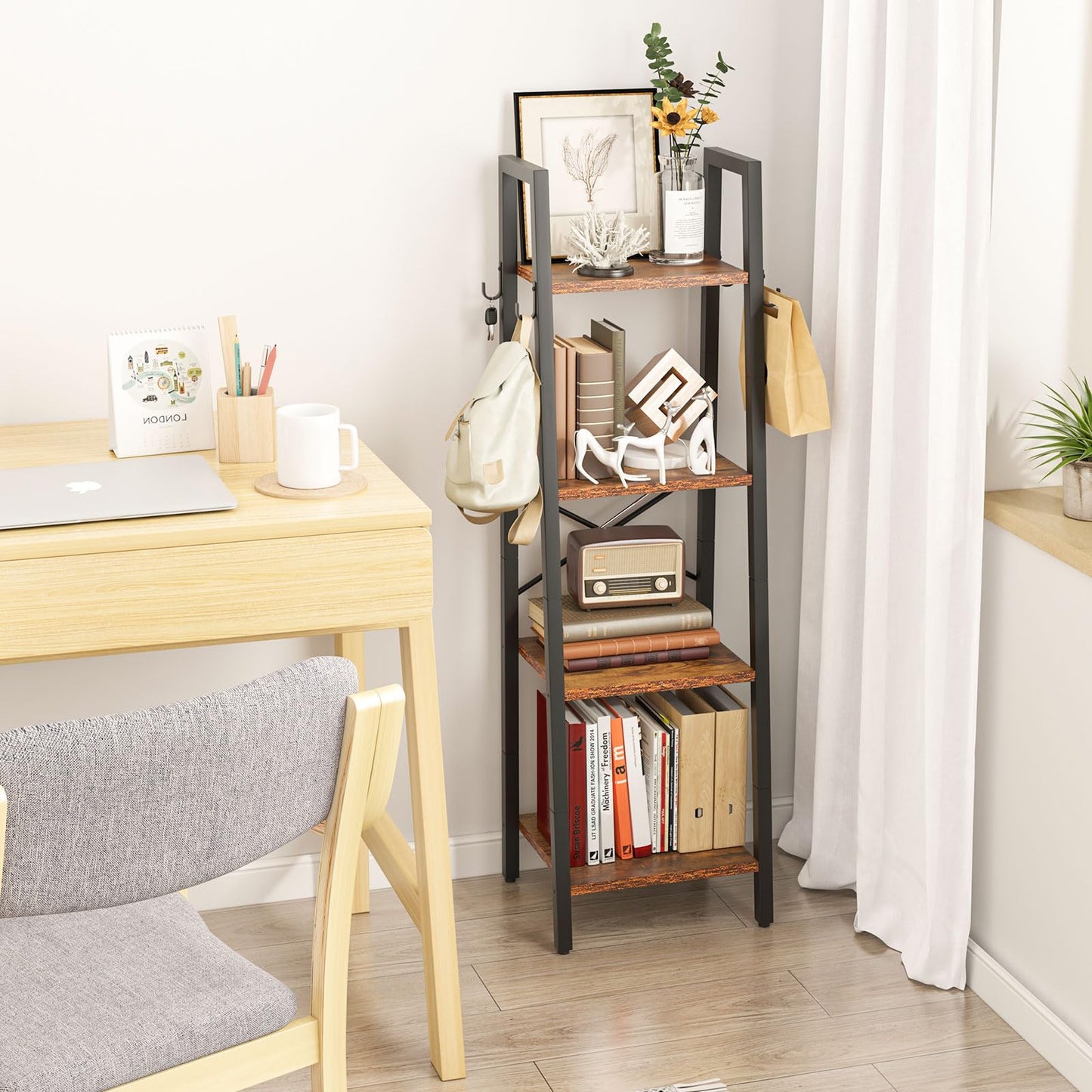 YMYNY 4 Tier Ladder Bookshelf, Height 125CM Bookcase, Freestanding Storage Organiser Shelves, Shelving Unit for Living Room Bedroom, Kitchen, Plant