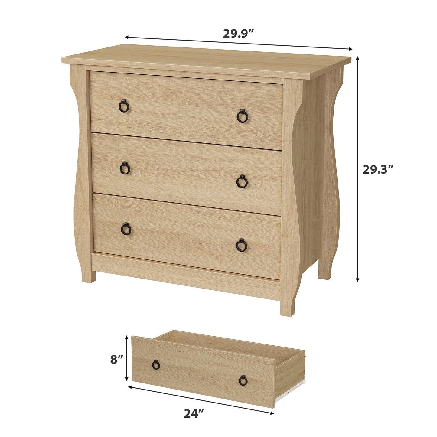 Crevyteg 3 Drawer Dresser, Modern Dresser for Bedroom, 29.3 in Tall Chest of Drawer with Metal Ring Pull Handles