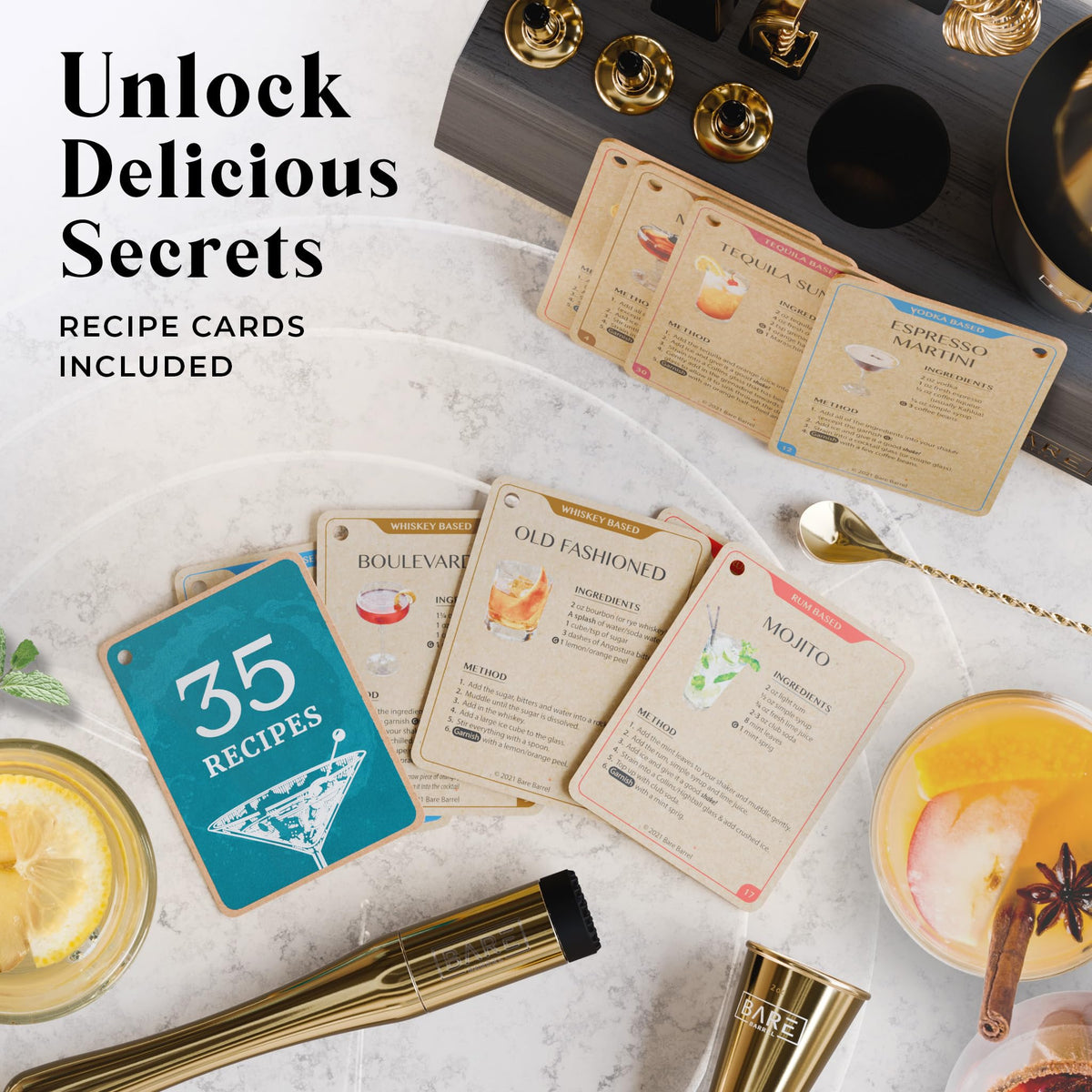 BARE BARREL Cocktail Making Kit | 14-Piece Bartender Kit Cocktail Shaker Set Maker | Bamboo Display Stand & 35 Recipe Cards | Mixology Cocktail Gift