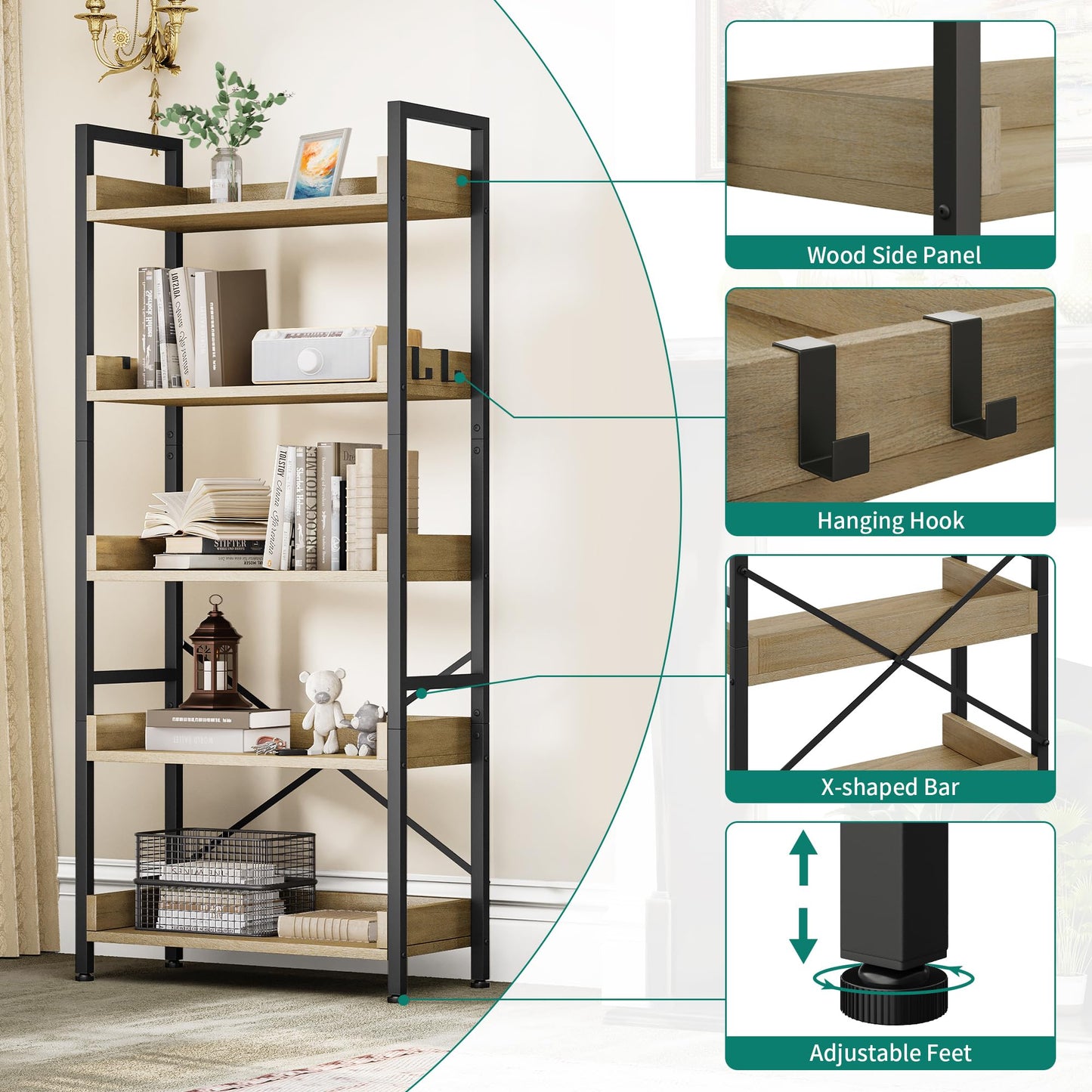 YITAHOME Bookcase 5-Tier, Tall Narrow Bookcase Thin Book Shelf Wooden Shelves Wooden Shelf With Stable Steel Frame