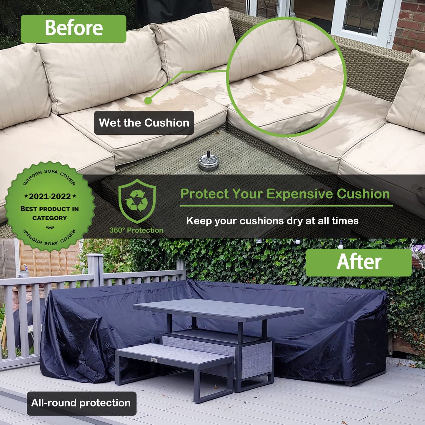 Enzeno Garden L-Shape Furniture Cover Waterproof, 420D Heavy Duty Oxford Fabric Outdoor Rattan Corner Sofa Cover with Waterproof Tape (286 * 222 *