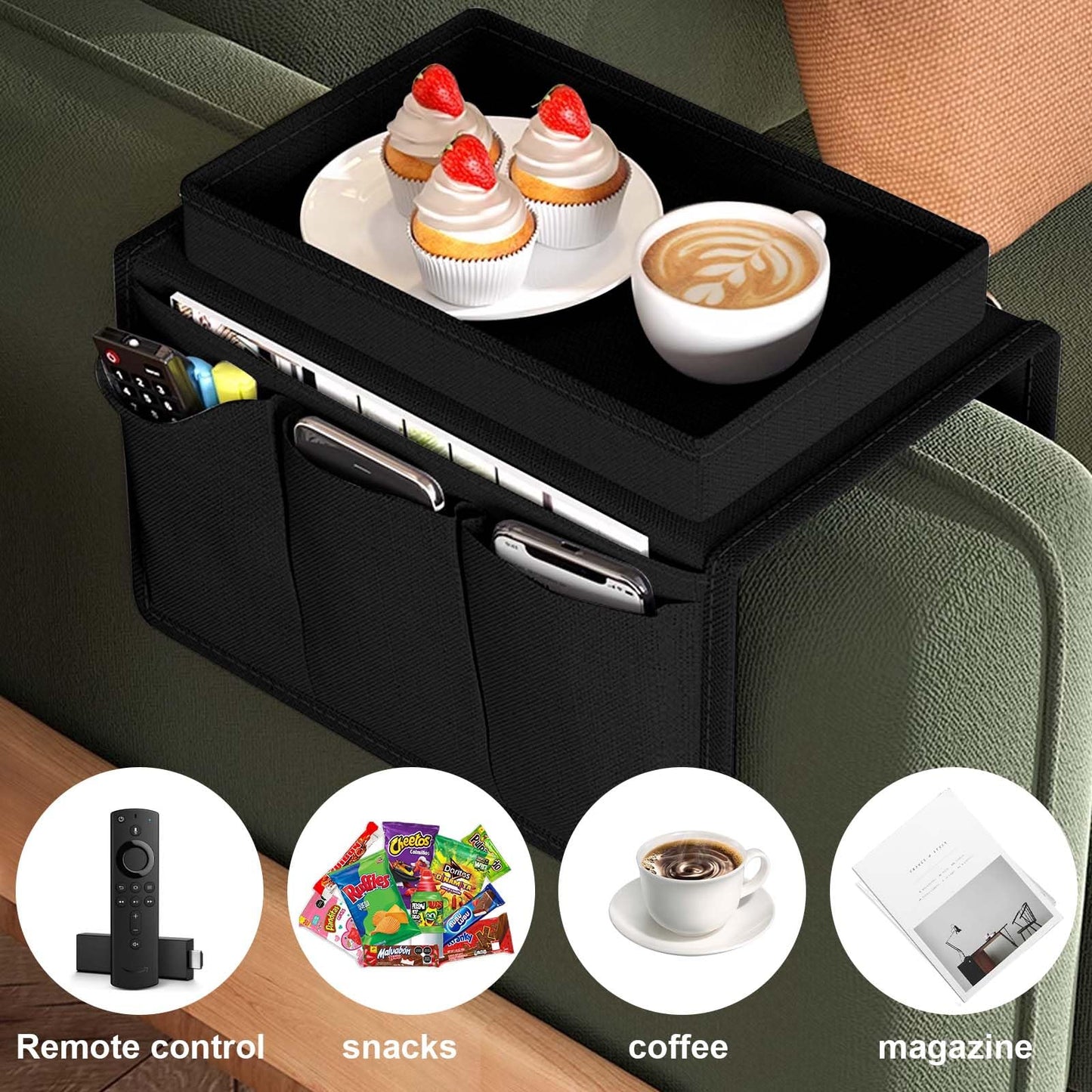Colexy Sofa Armrest Organizer, Couch Caddy Arm Hanging Storage Bag With Cup Holder Tray