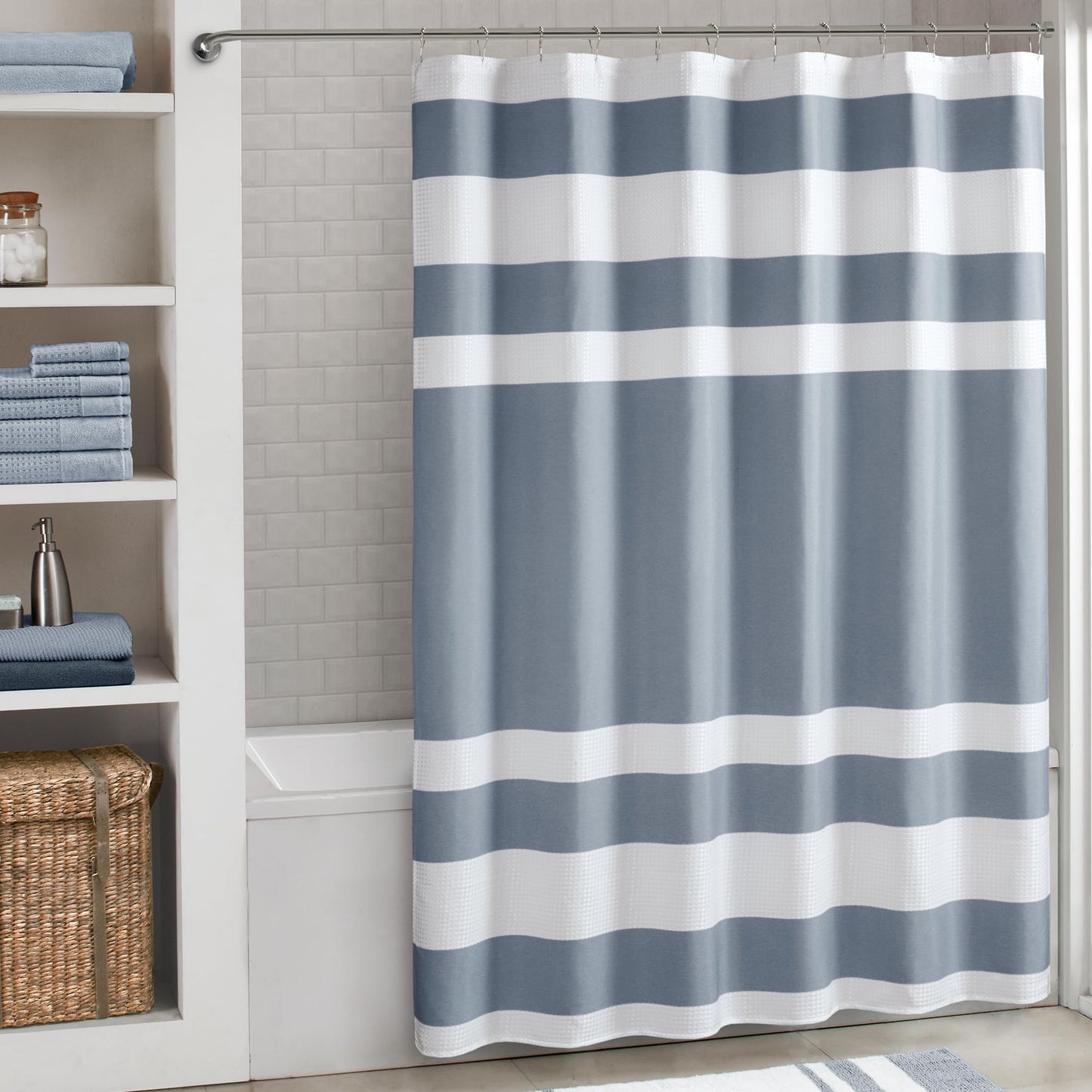 Madison Park Spa Waffle Fabric Shower Curtain Extra Long Spa Quality Modern Bathroom Shower Curtain 72 x 84 Inch, Indigo Blue