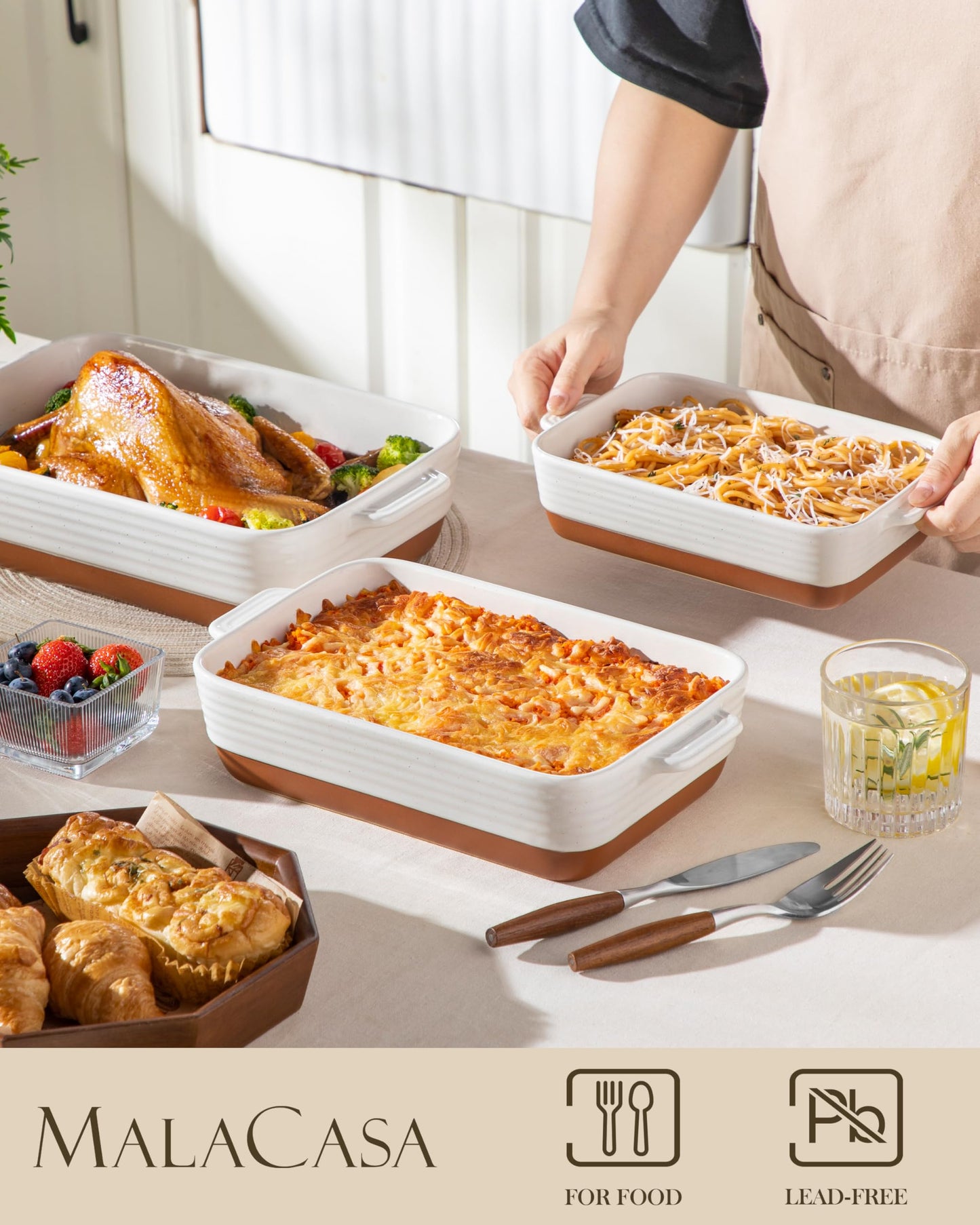 MALACASA Casserole Dishes for Oven, Ceramic Baking Dishes Set of 3, 1.45/2.7/3.8L Rectangular Baking Pan Set, Deep Lasagna Pan with Handles, Khaki