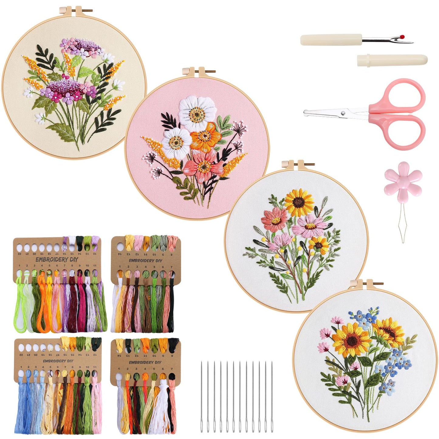 VynyQoo 4pcs Embroidery Kits Flower, Embroidery Kit for Beginners, Embroidery Starter Kit Adults, Stamped Embroidery kit with Flower Pattern, DIY
