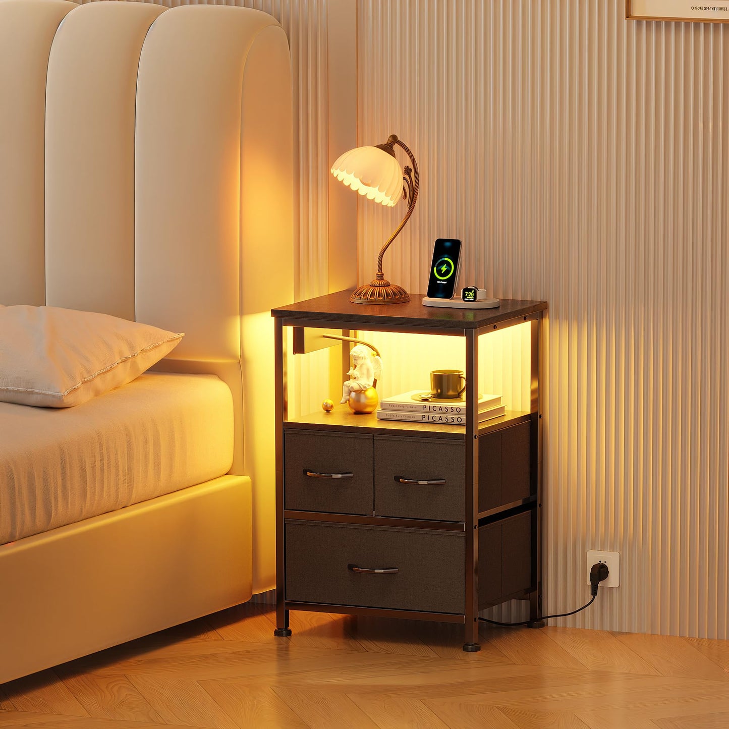 Flrrtenv Bedside Table with Charging Station, 3 Drawers Bedside Cabinet for Bedroom, LED Nightstand with Storage Shelf