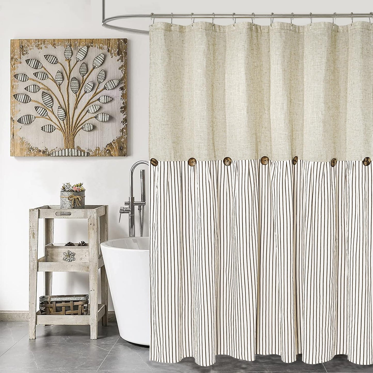 DOSLY ID?ES Farmhouse Shower Curtain with Brown Striped, Linen-Cotton, Decorative Buttons, Pleated, 180 x 180 cm
