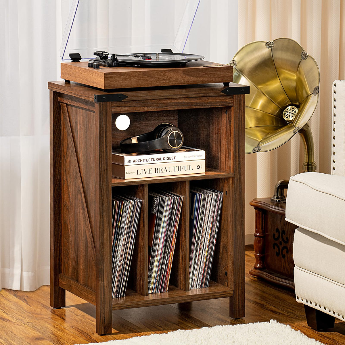 LELELINKY Record Player Stand with Vinyl Record Storage,Brown