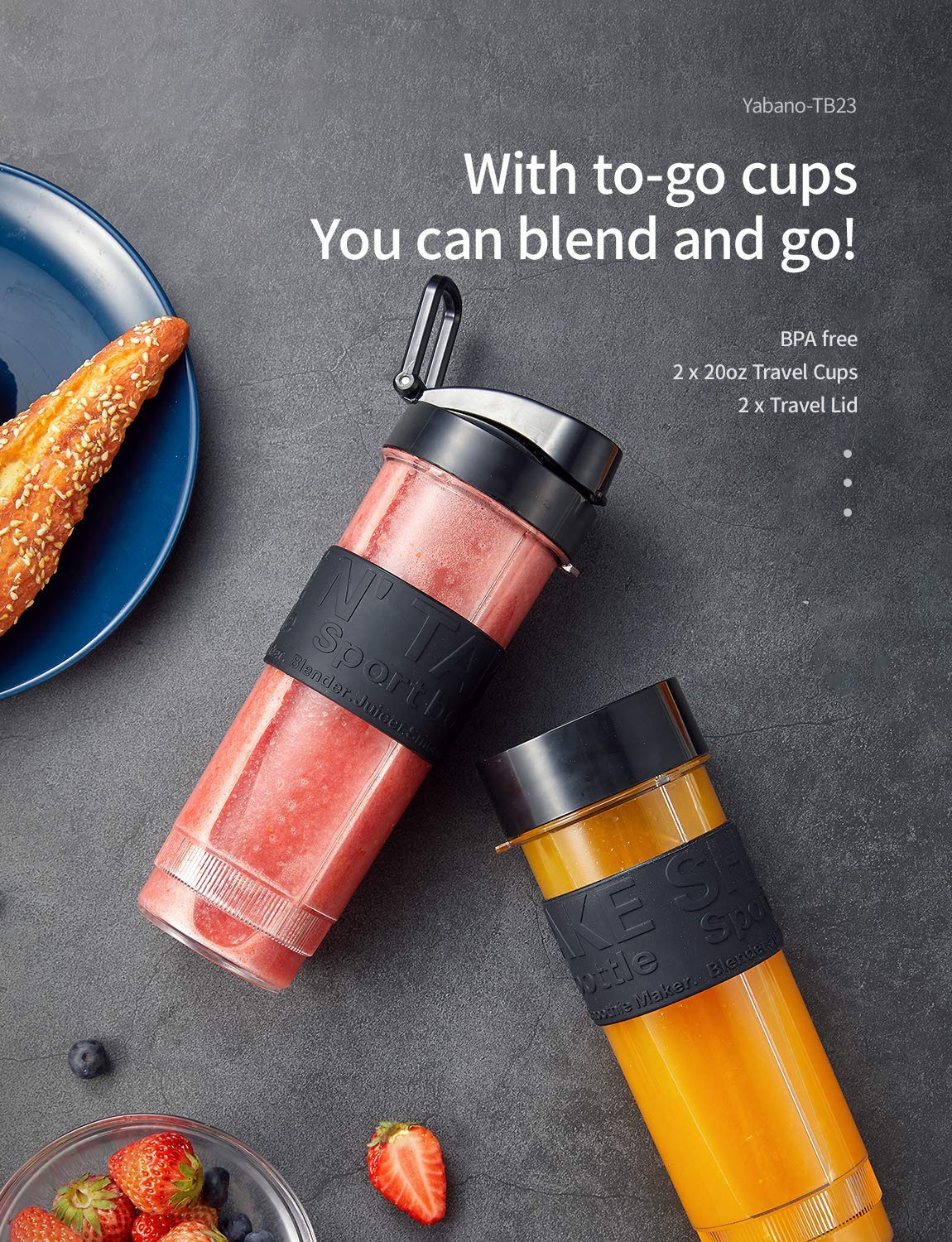 Blender Smoothie Makers 500W, 2 in 1 Multifunctional Personal Blender Mixer with 2x600ml Portable Bottles for Ice, Fruit, Vegetable, and 200ml
