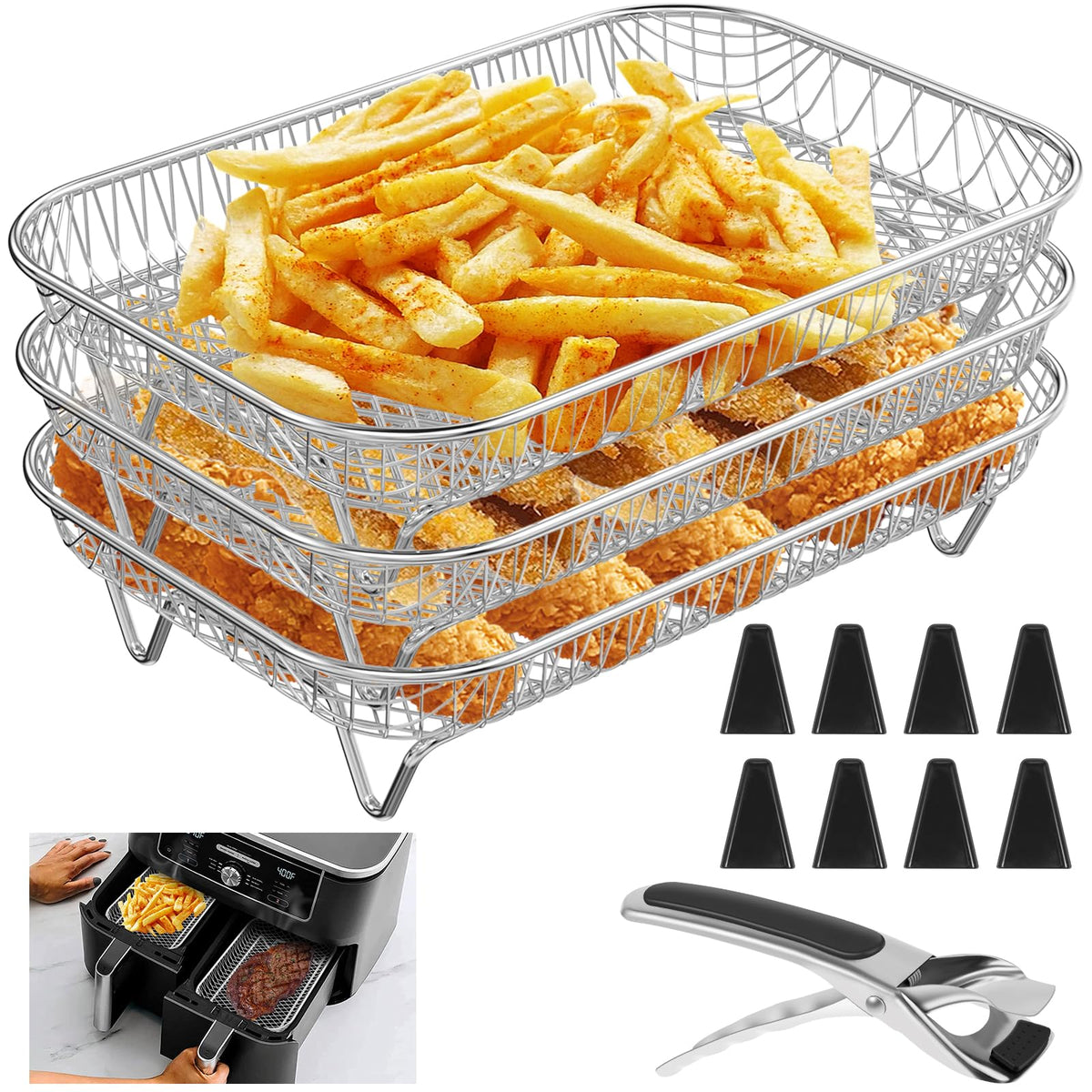 Air Fryer Rack for Ninja Air Fryer 3 Layer Air Fryer Accessories Af300uk Stacking Bacon Racks Rectangular Stainless Steel Dehydrator Rack with 8 Feet
