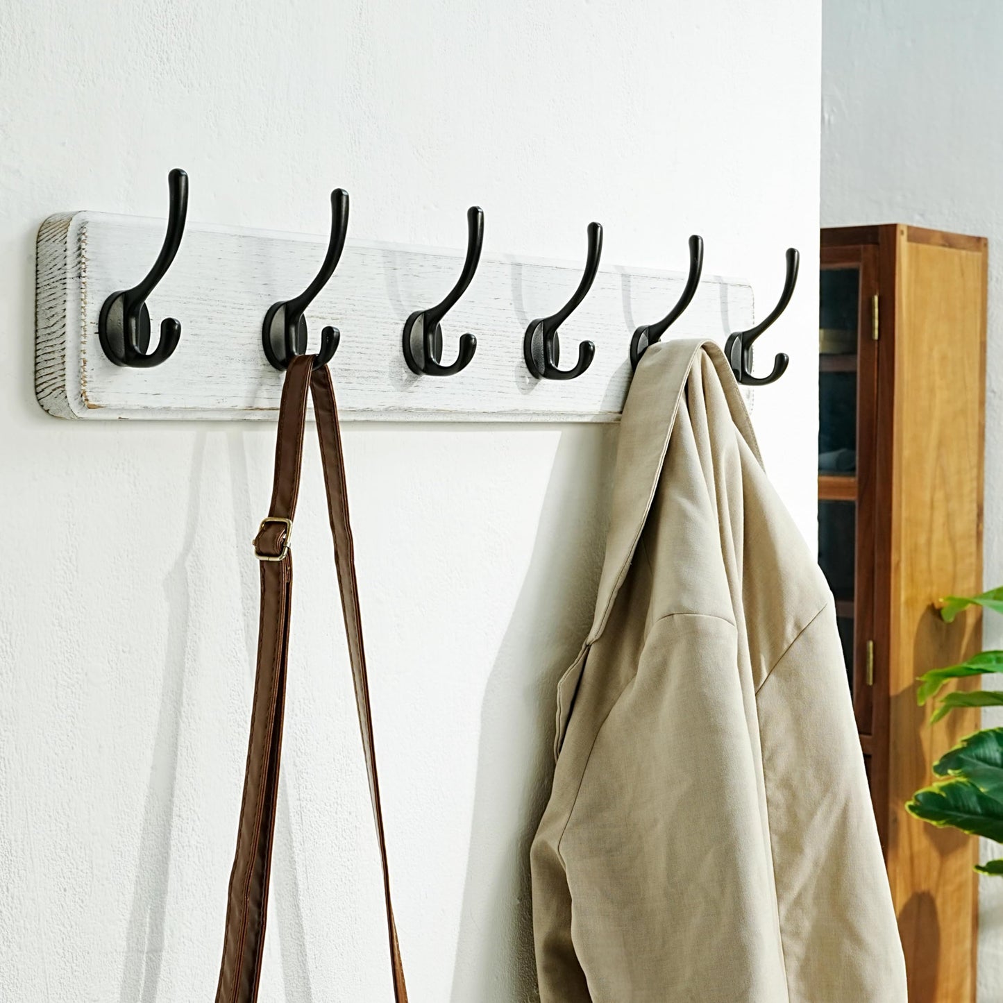 Dseap Wall Mounted Coat Rack: 60cm Long, Patented, Heavy-Duty, 6-Double-Hooks Wooden Hanger Rail for Winter Coats, Hat, Jacket, Clothing