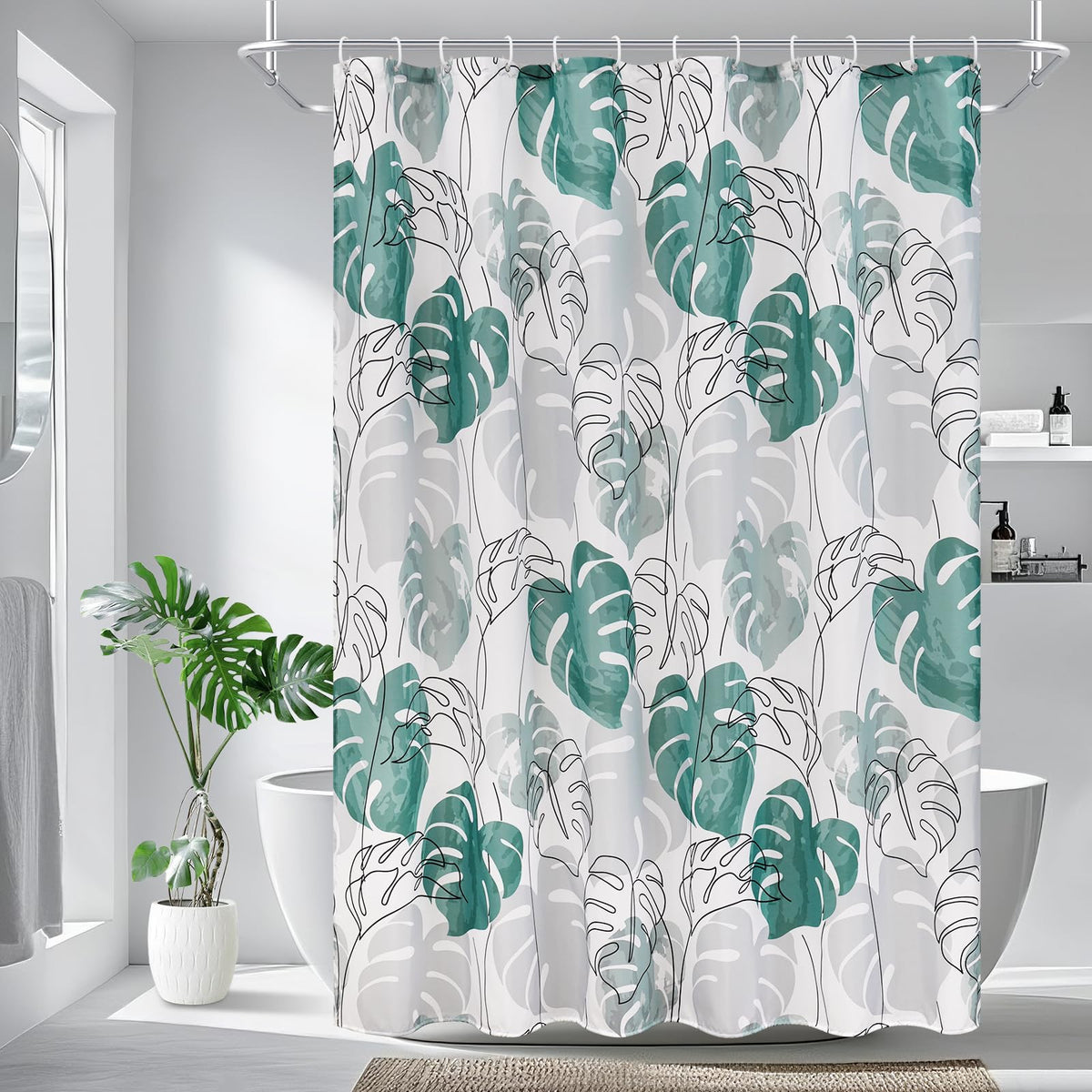 EurCross Green Shower Curtains, Tropical Leaves Bathroom Curtain Anti Mould, Waterproof Curtains for Shower with Weighted Hem and Rustproof Grommets,