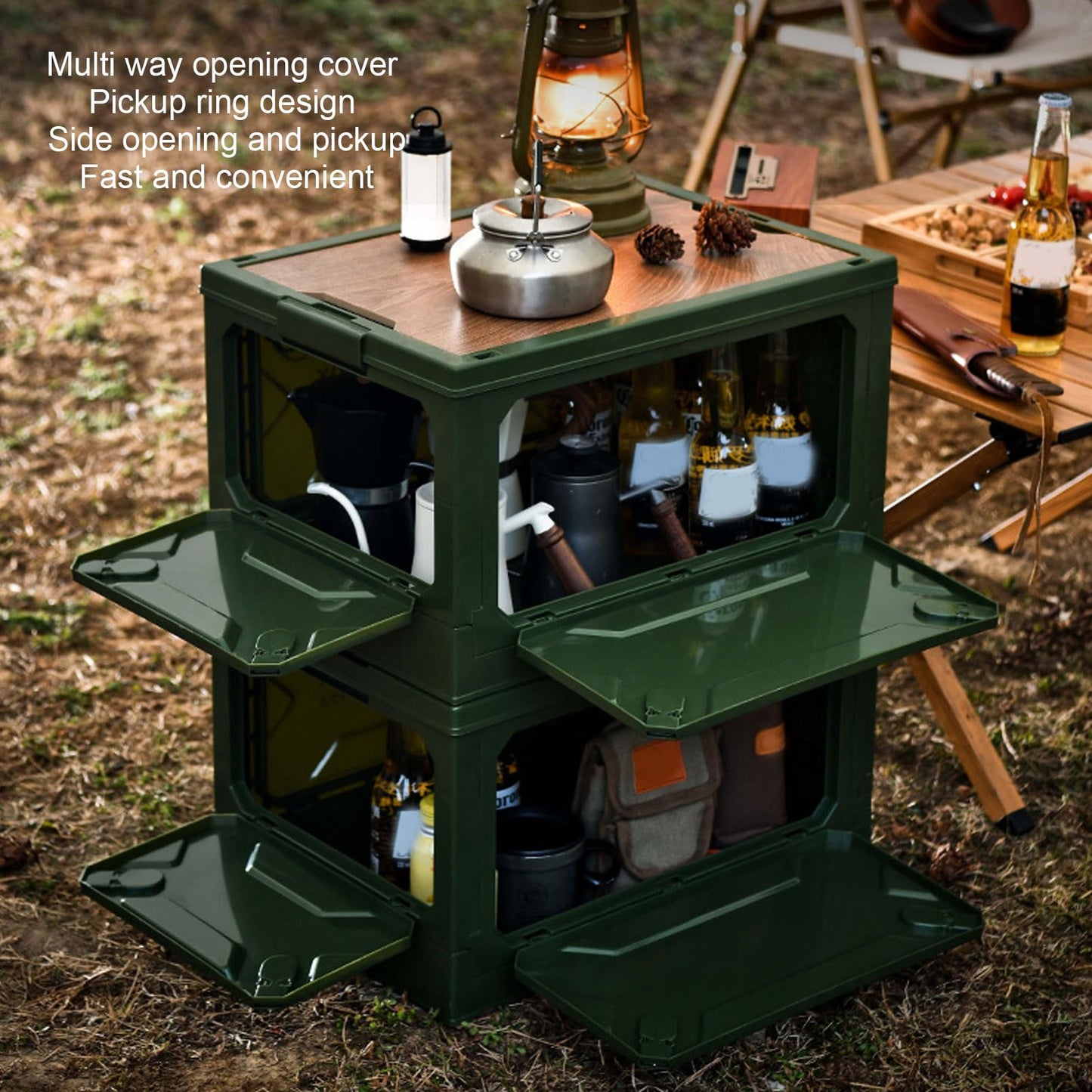 Fockety Collapsible Storage Bins with Wood Lid, Folding Camping Plastic Storage Box, Stackable Closet Organizers and Storage Container for Camping
