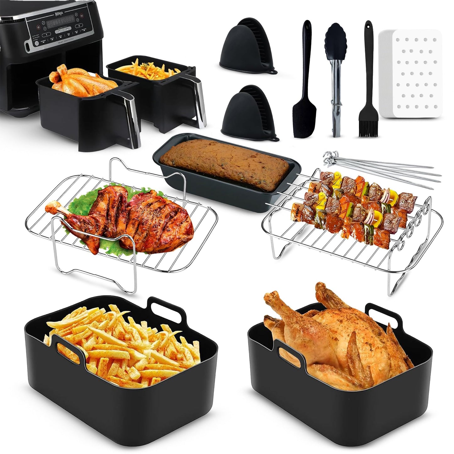 ONE Emporium 11-Piece Ninja Air Fryer Accessories Set ? Racks, Silicone Liners, Oil Brush, Tongs, Pan & Gloves, Complete Gift Set