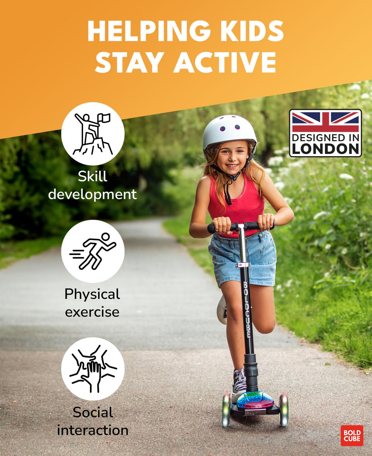 BOLDCUBE Big Fold Crystal Rubix | Three Wheel Scooter for Children Ages 5-10 Years | LED Wheels with Flashing Lights | Height Adjustable 65 to 89 cm |