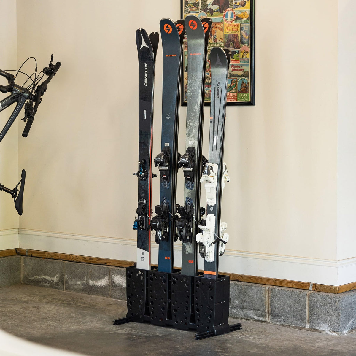 StoreYourBoard Ski Storage Rack, 4 Pair Freestanding Skis Floor Mount, Wide Skis