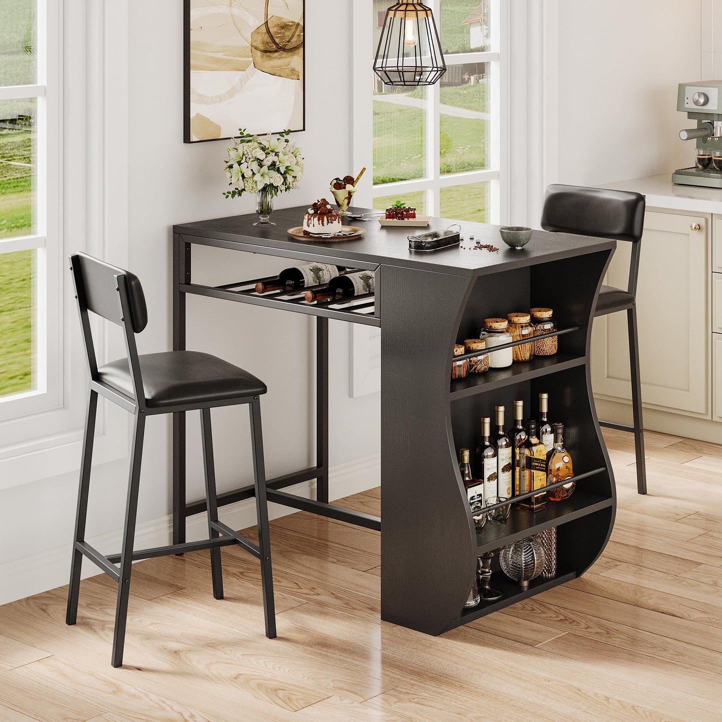 Feonase 3-Piece Bar Table Set, Bar Table with Bar Stools, 2-Tier Storage Shelves & Wine Rack, Bistro Table with 2 Chairs for Dining Room, Black