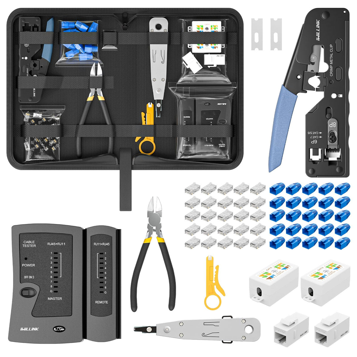 iwillink RJ45 Crimp Tool Kit - Cat6 Cat5e CAT5 Ethernet Crimping Tool Kit with 25x RJ45 Pass Through Connector and Boot, 2X Cat6 Junction Box, 2X