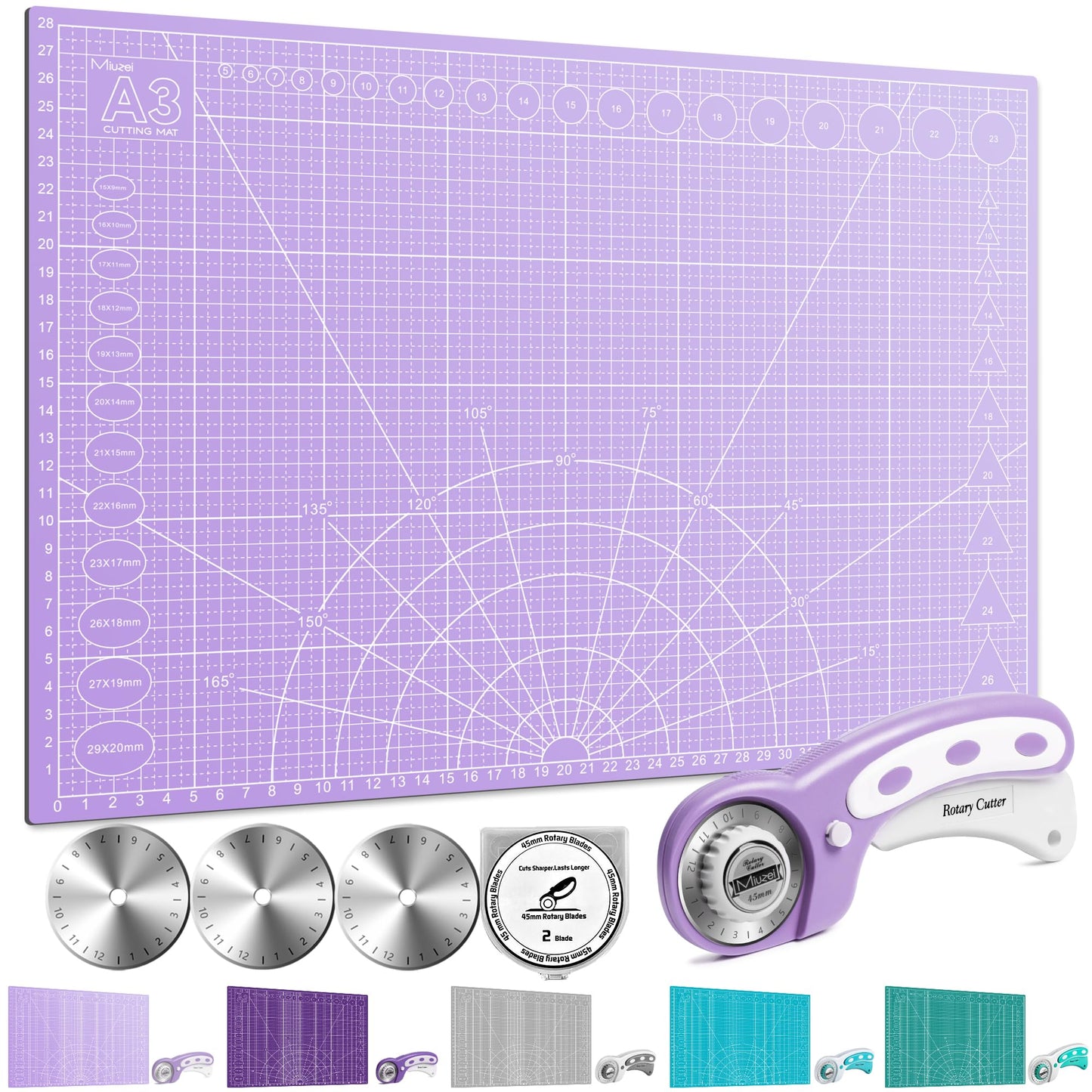 Miuzei Rotary Cutter Set: A3 Cutting Mat, 45mm Fabric Cutter, Self-Healing Craft Mat, Quilting Kit, Suitable for Cutting Fabric, Sewing, Leather, and