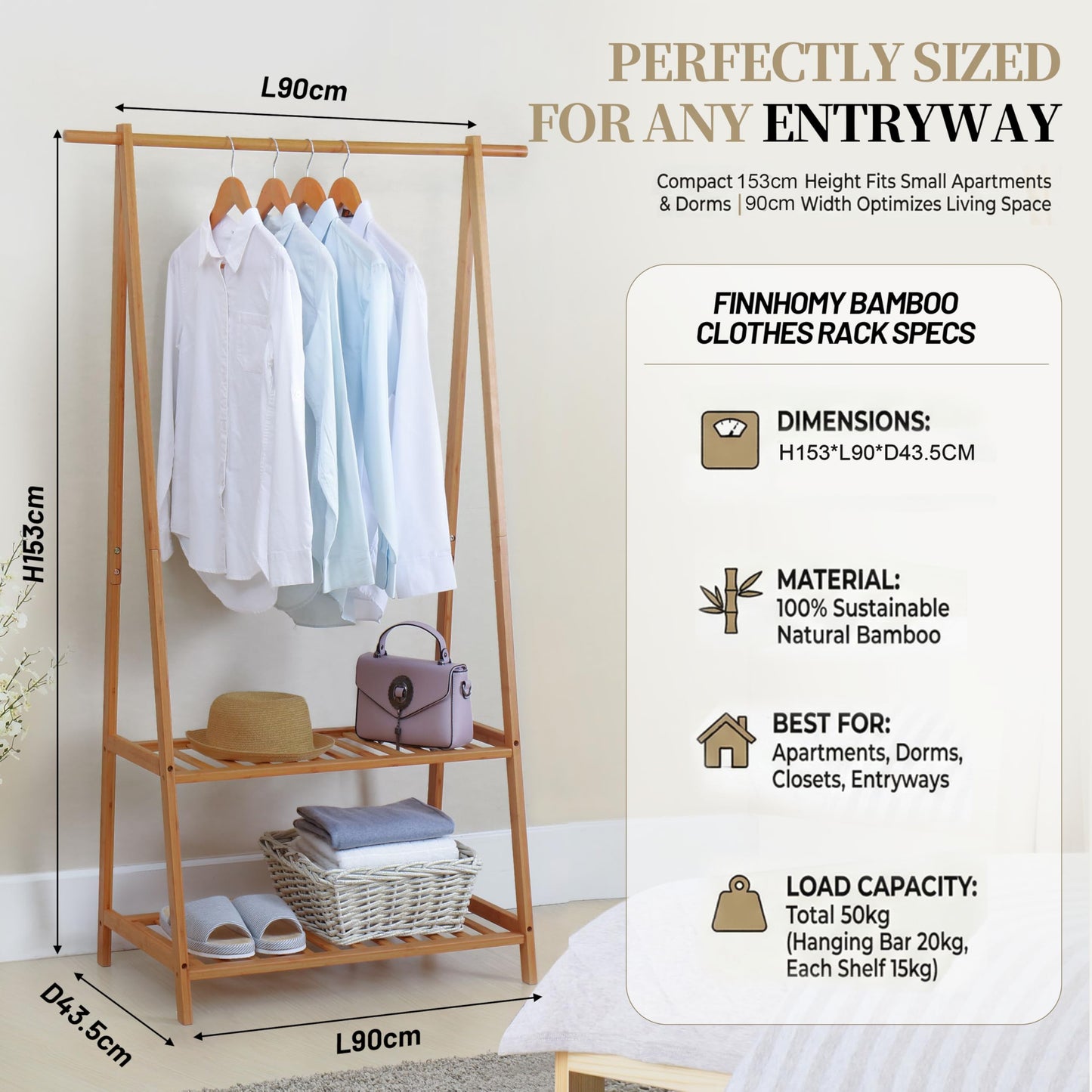 Finnhomy Bamboo Clothes Rack Portable Extra Large Garment Rack 2-Tire Storage Box Shelves for Entryway and Bed Room