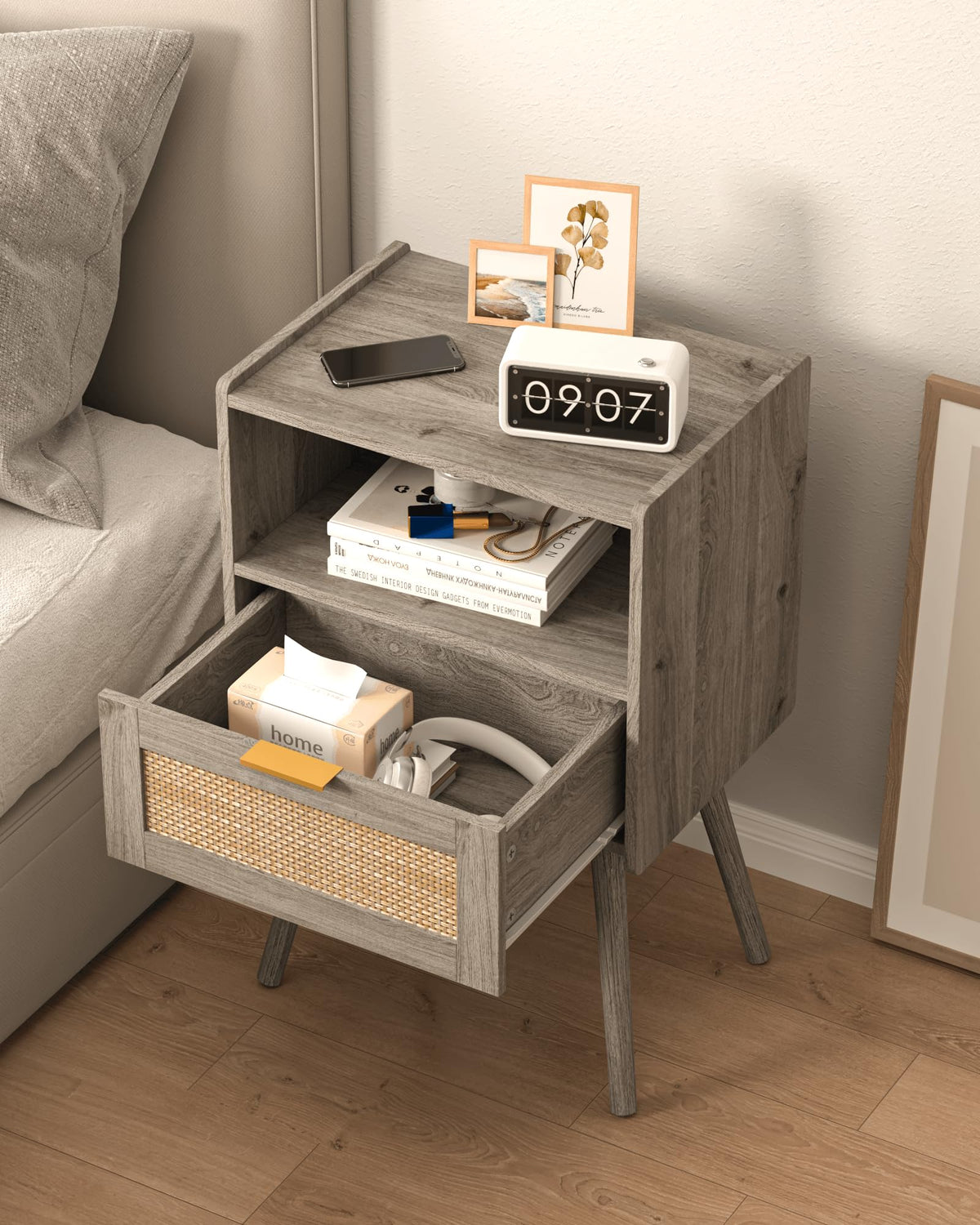 JERX Rattan Nightstand,Farmhouse Bedside Table with Storage Drawer and Open Wood Shelf, for Living Room, Bedroom and Small Spaces