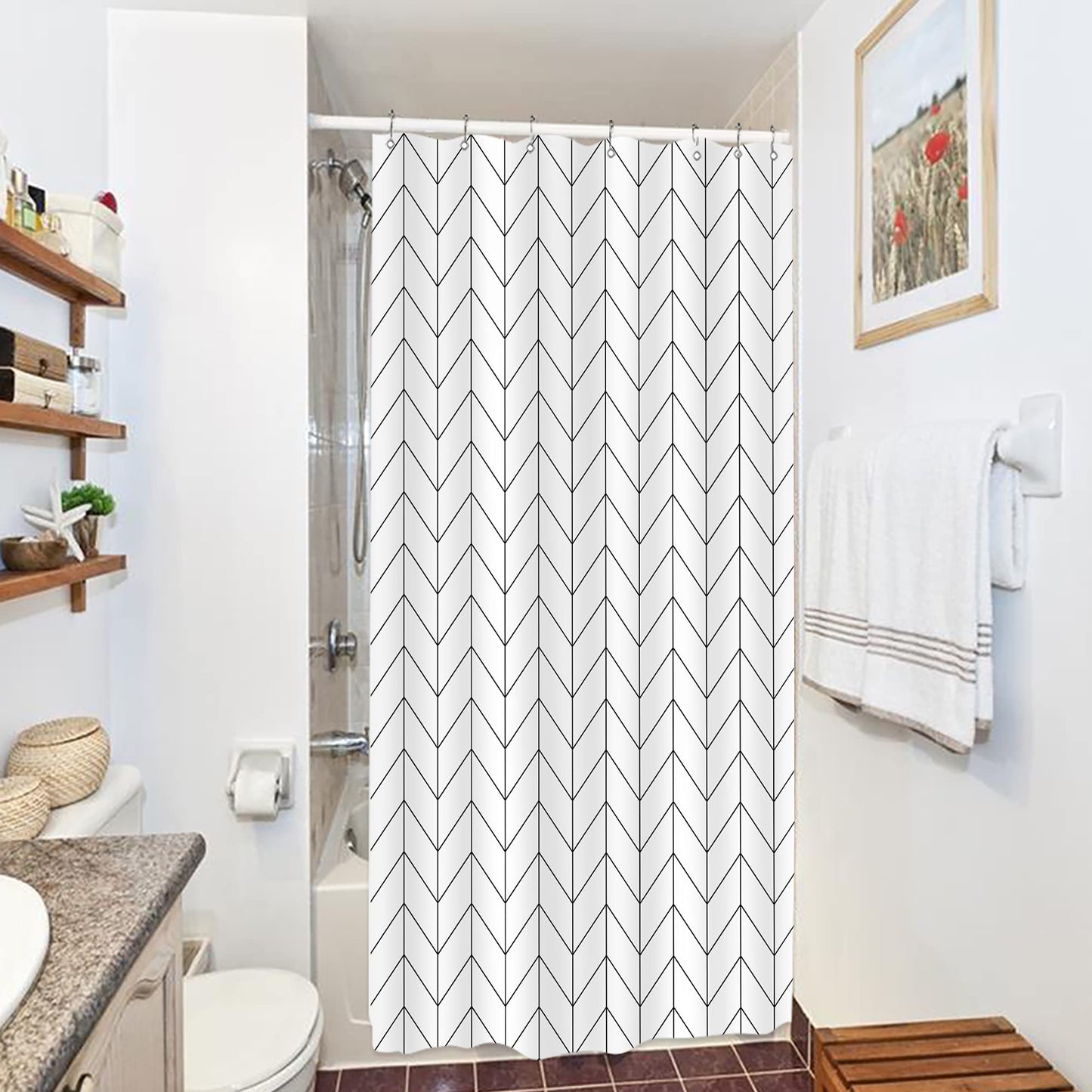 Riyidecor Small Stall 36Wx72H Inch Shower Curtain,Narrow RV Walkin Black White Herringbone Modern Bathroom Curtains,Half Stand Up Zig Zag Chevron