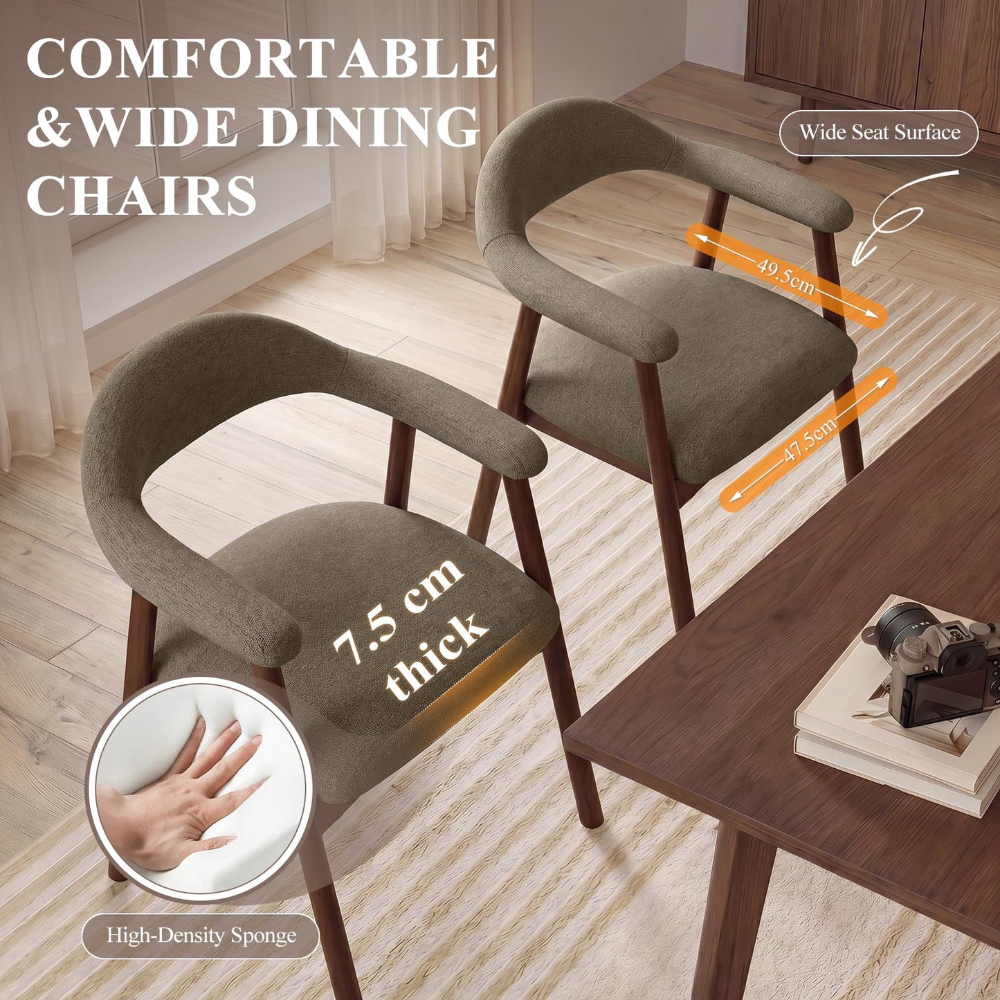 MALOL Wooden Dining Chairs Set of 6, Fabric Chairs for Dining Room with Armrest, Upholstered Kitchen Chairs with Curved Back and Wood Legs for Dining
