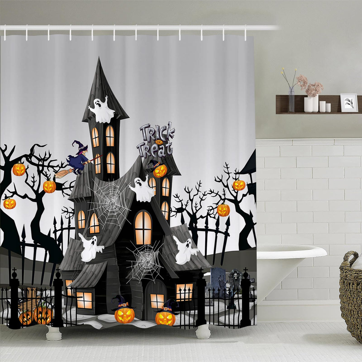 Abaysto Halloween Shower Curtain for Bathroom, Thriller House Spider Web Pumpkin Bath Room Curtain