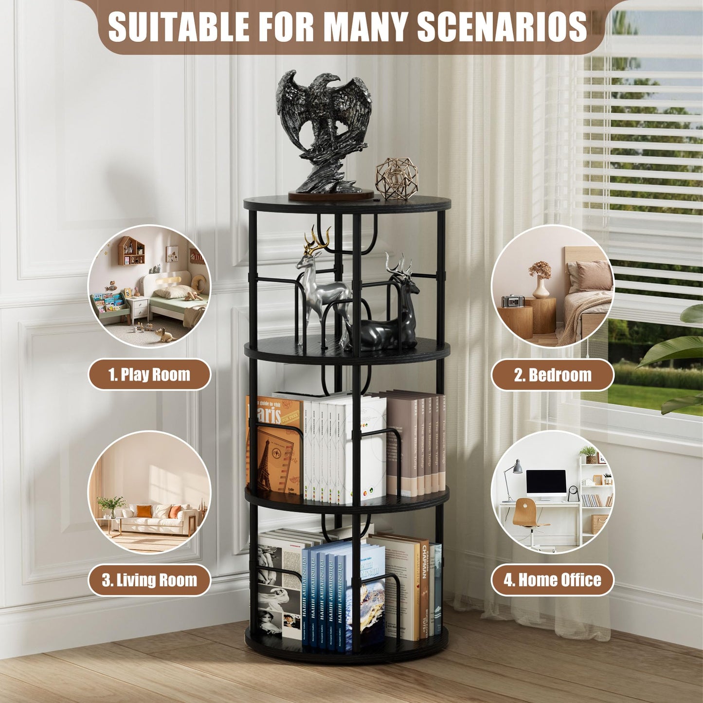 OCTORO 3 Tier Rotating Bookshelf, 360° Corner Bookshelf Tower, Round Revolving Bookcase with Adjustable Levels, Spinning Book Shelf for Home Office