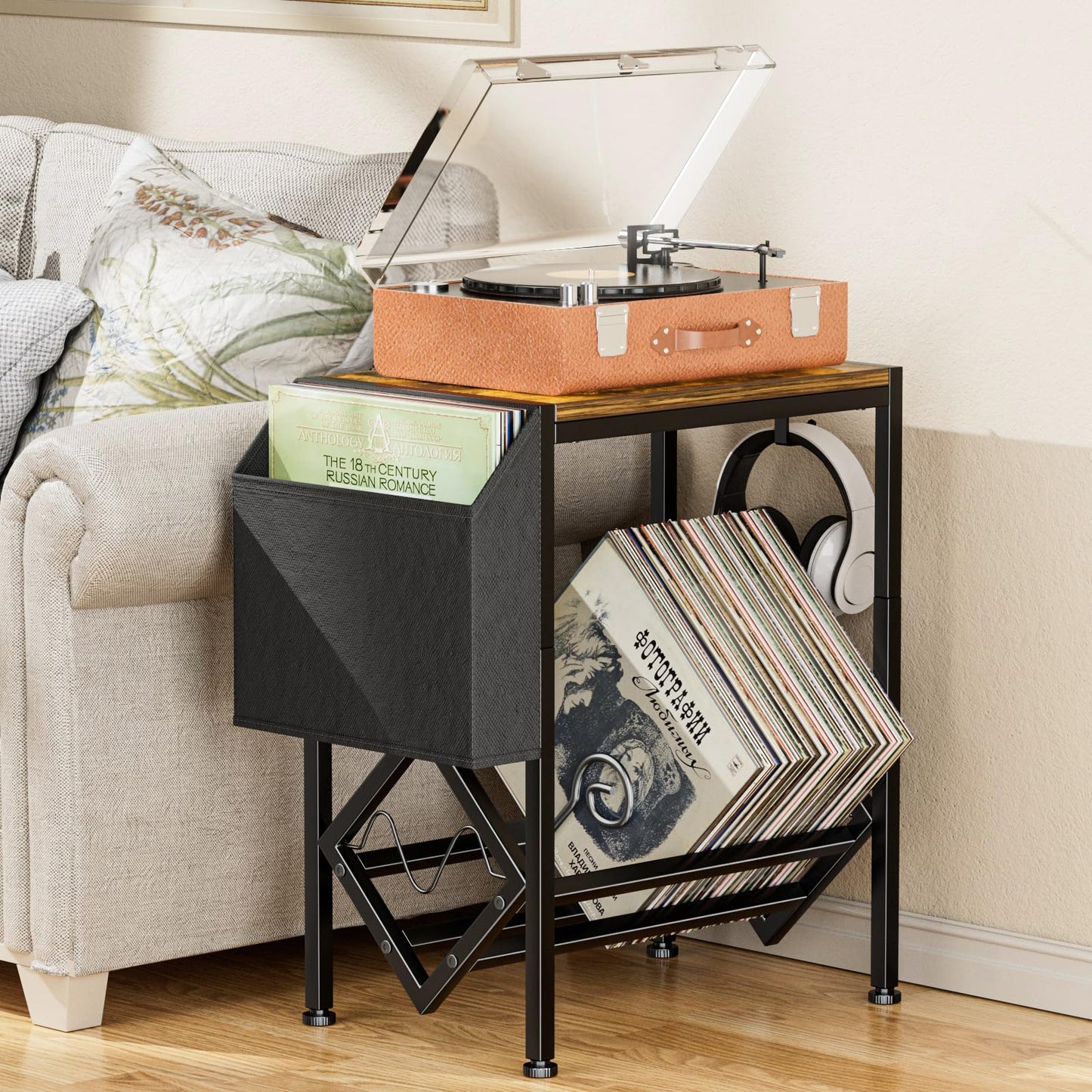 Vinyl Record Player Stand - Retro Vinyl Holder and Record Player Table, up to Storage 80 Albums, with Turntable Castors and Organising Fabric Bag
