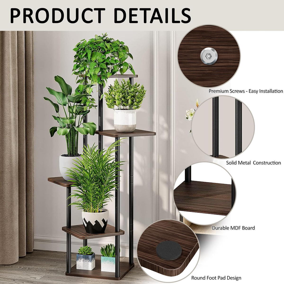 VASZOLA 5 Tier Wood Tall Plant Stand, Metal Rack with Multiple Flower Pot Holder Shelves, Planter Shelf Display Rack Storage Organizer for Balcony