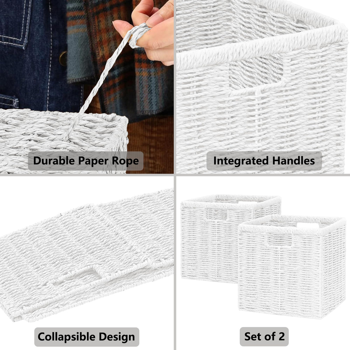 Vagusicc Wicker Storage Basket, Foldable Storage Cubes Organizer Bins, Handwoven Storage Baskets for Shelves Closet Wardrobe Bathroom