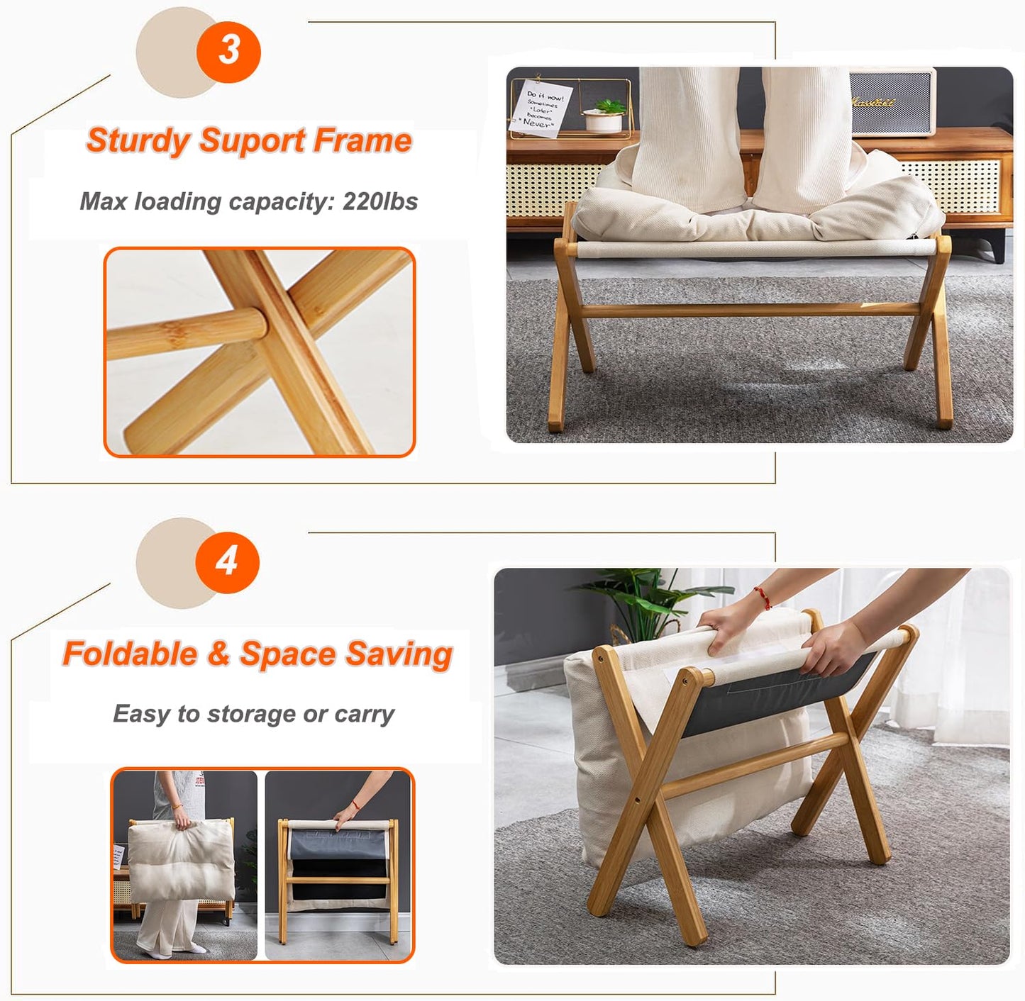 bimiti Foot Stool Bamboo Folding Foot Rest Foldable Ottoman Seat