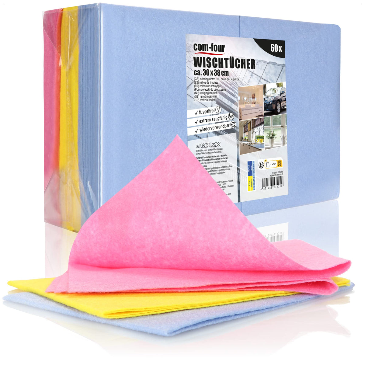 com-four? 60x household cloths - extremely absorbent and durable cleaning cloths made of viscose - all-purpose wipes in 3 colors - reusable cleaning