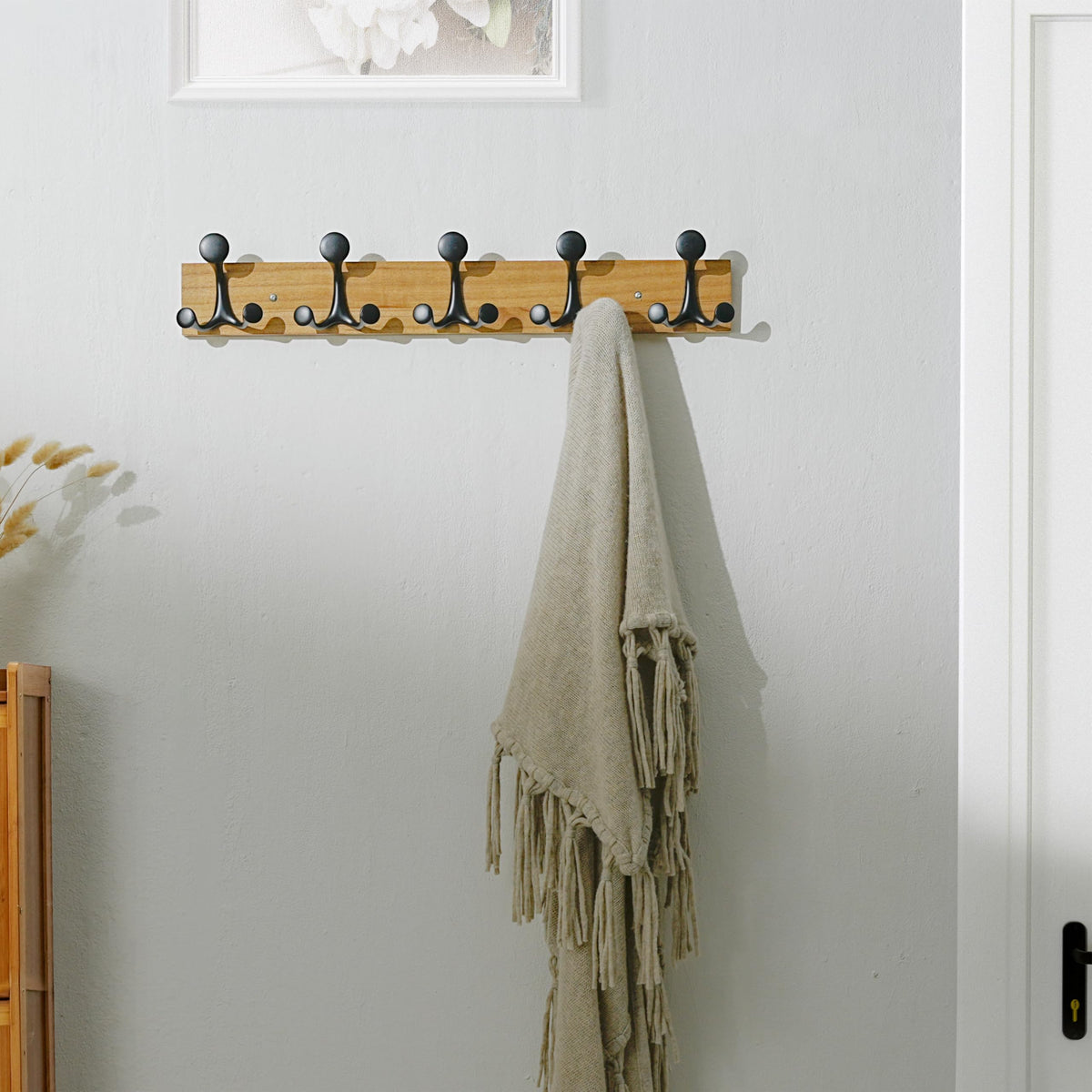 SKOLOO 61cm Light Brown Wood Coat Rack Wall Mount with 5 Triple Hooks - Ideal for Family Entrances, Classrooms, and Pet Supplies Storage