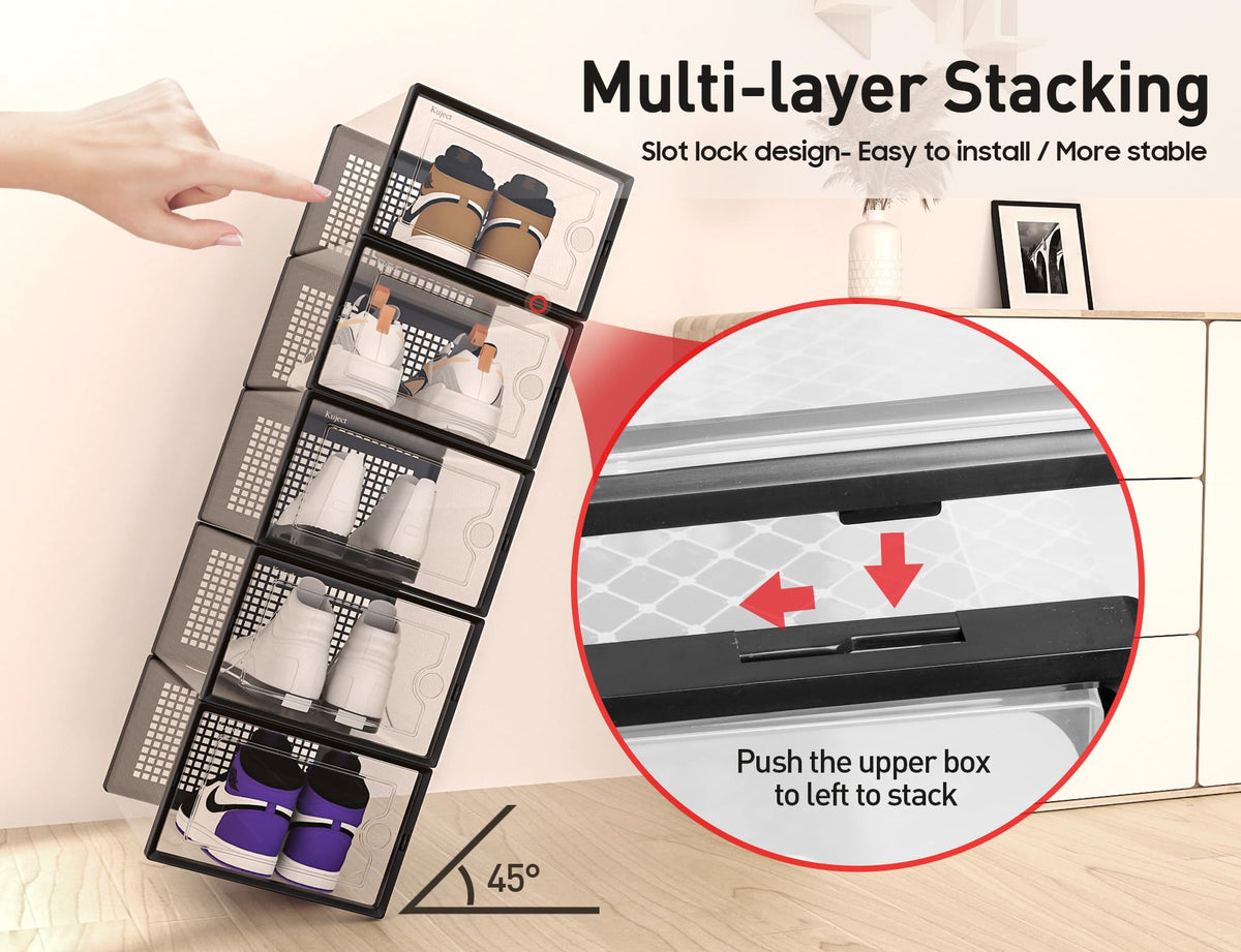 Kuject Large Shoe Boxes, Clear Stackable Shoes Storage Organiser, Fit Size 12, Plastic Sneakers Containers, Great Substitute for Shoe Rack, Space